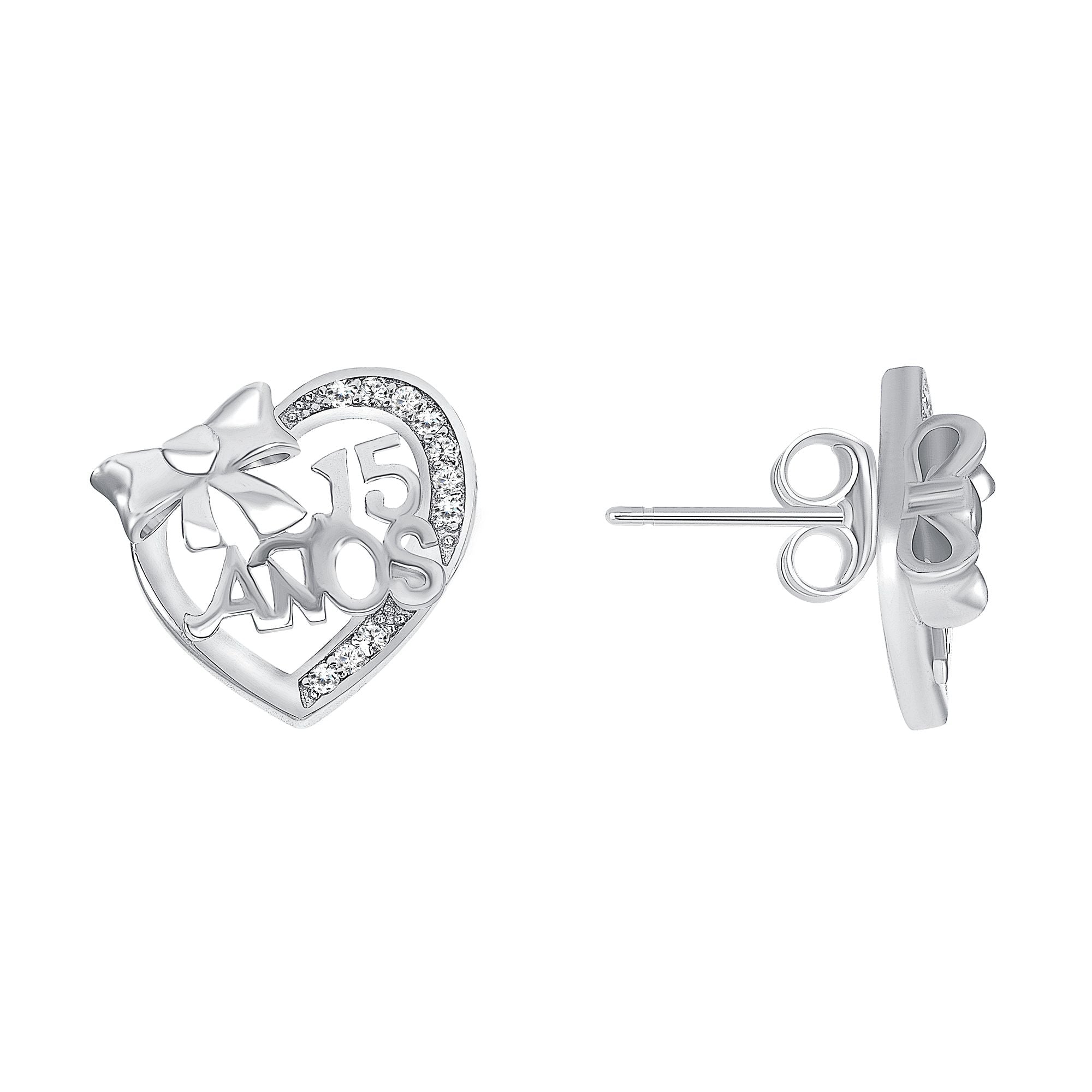 925 Sterling Silver Half Round Cut CZ Heart with Bow &amp; 15 &