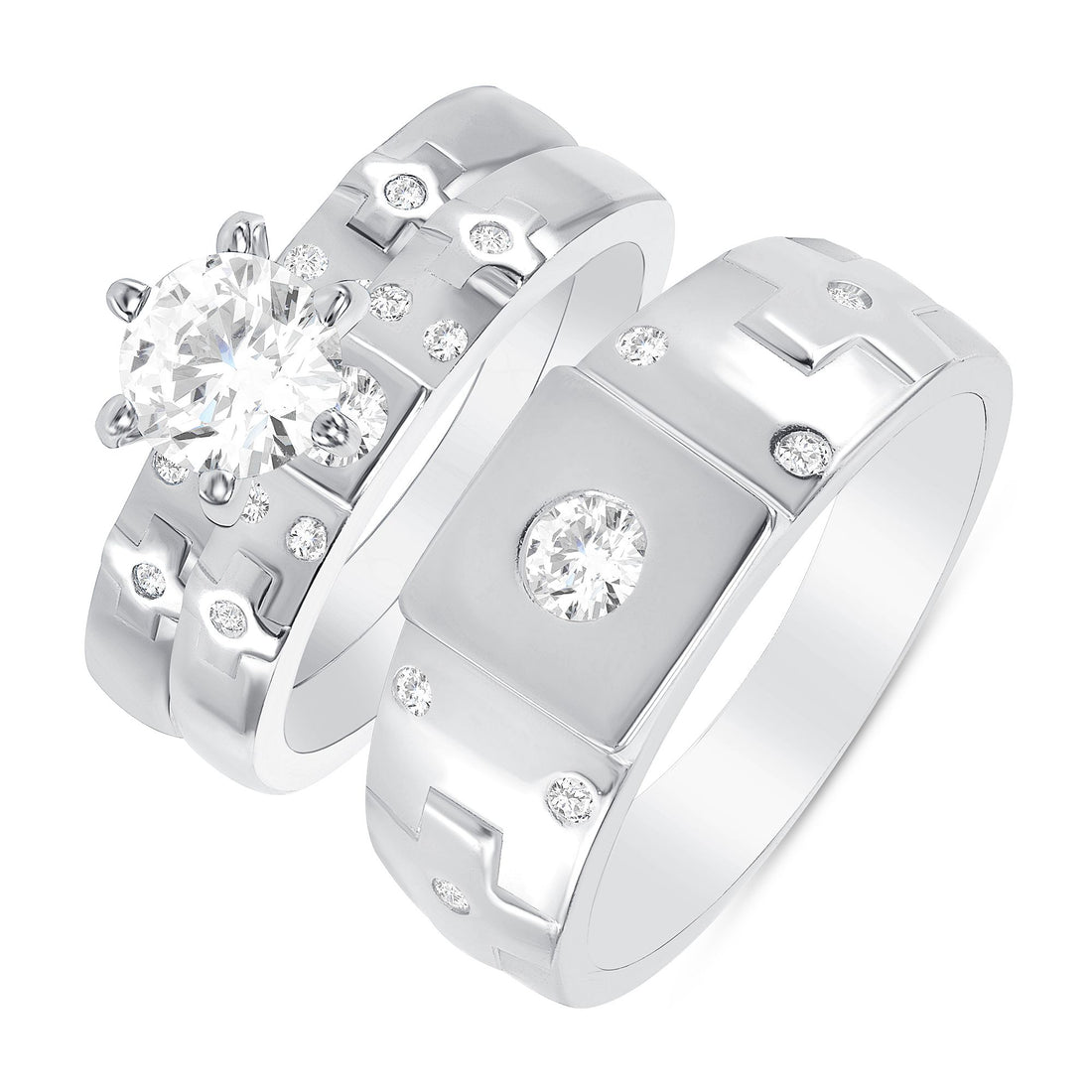 925 Sterling Silver Round CZ Flush Link Band His &amp; Hers Trio Wedding Set