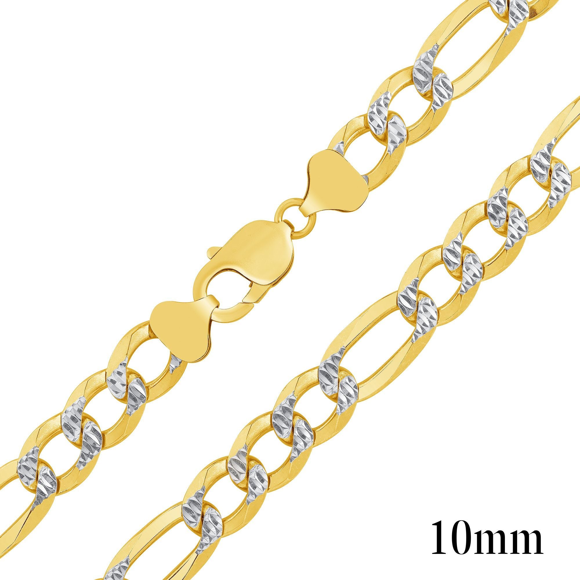 925 Sterling Silver Gold Plated Two-Tone Pavé 10mm Figaro Chain