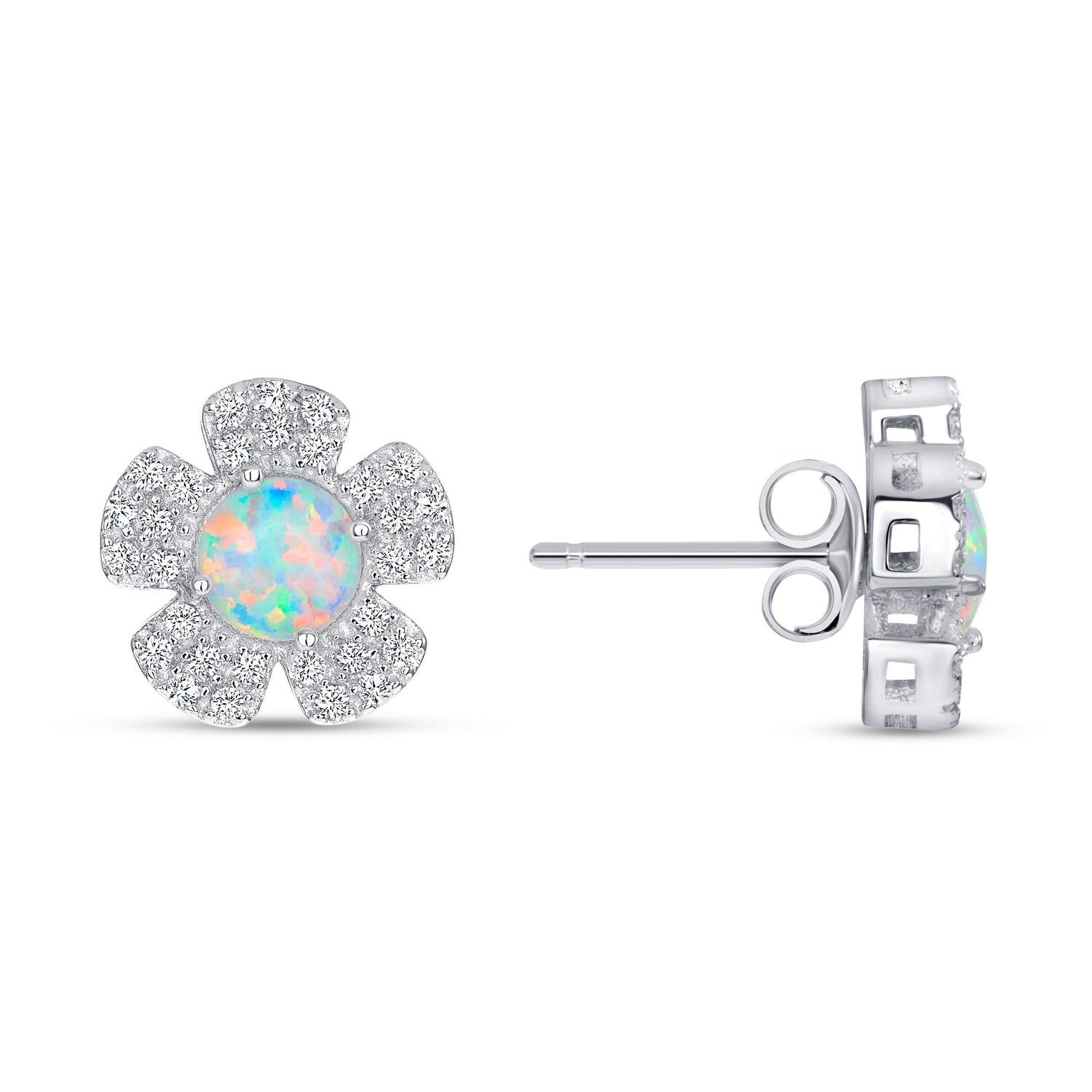 925 Sterling Silver Round Cut Opal &amp; Pavé CZ Flower Pendant &amp; Stud Earrings Jewelry Set