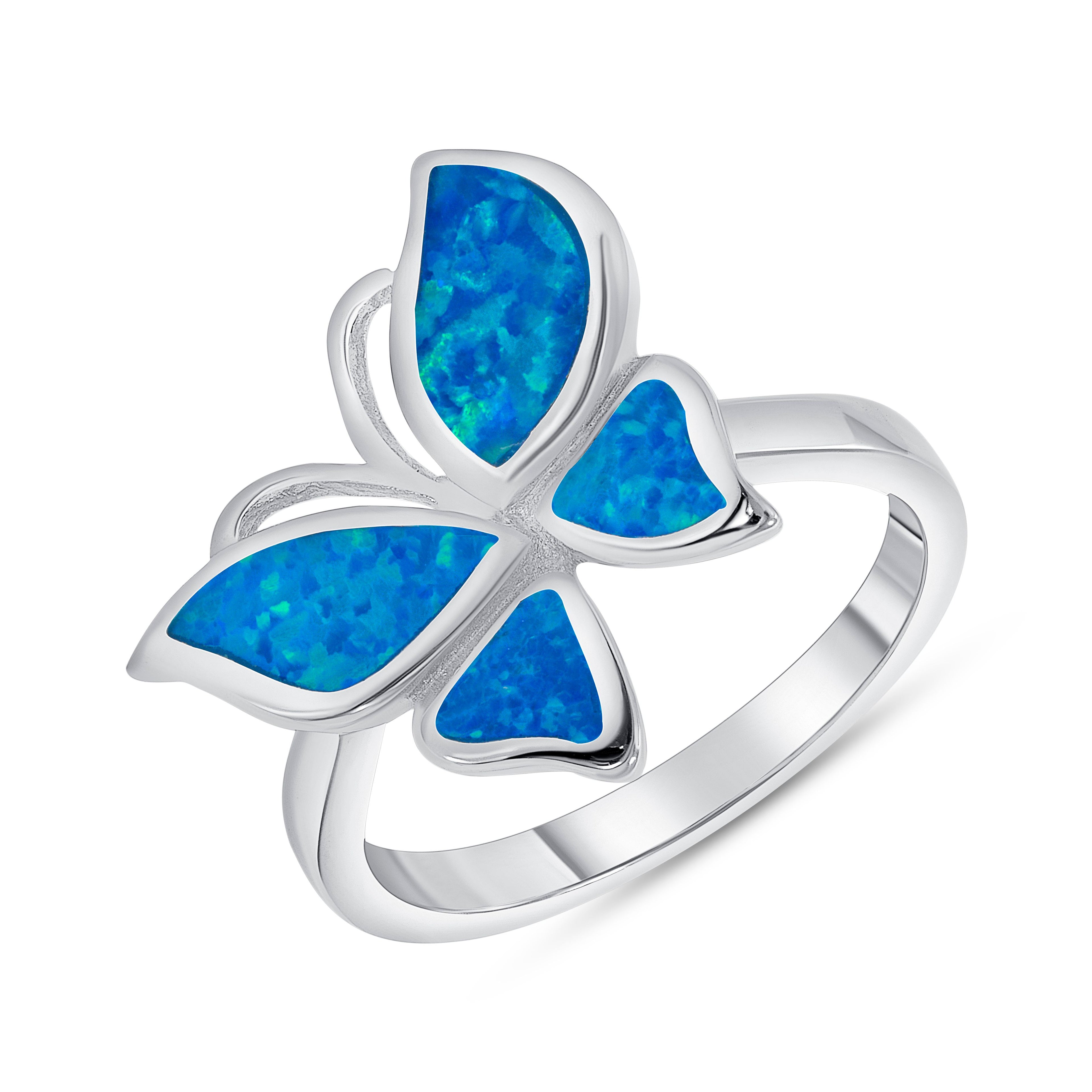 925 Sterling Silver Multi Cut Blue Opal Butterfly Fashion Ring