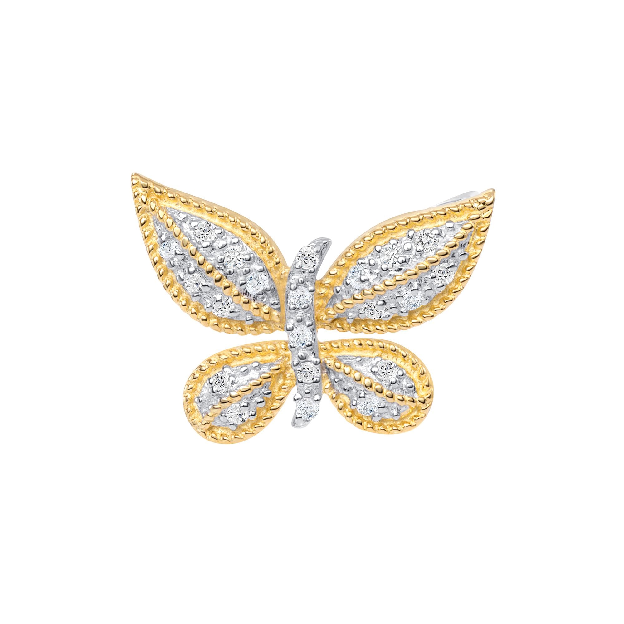 925 Sterling Silver Round Cut CZ &amp; Milgrain Two Tone Butterfly Pendant