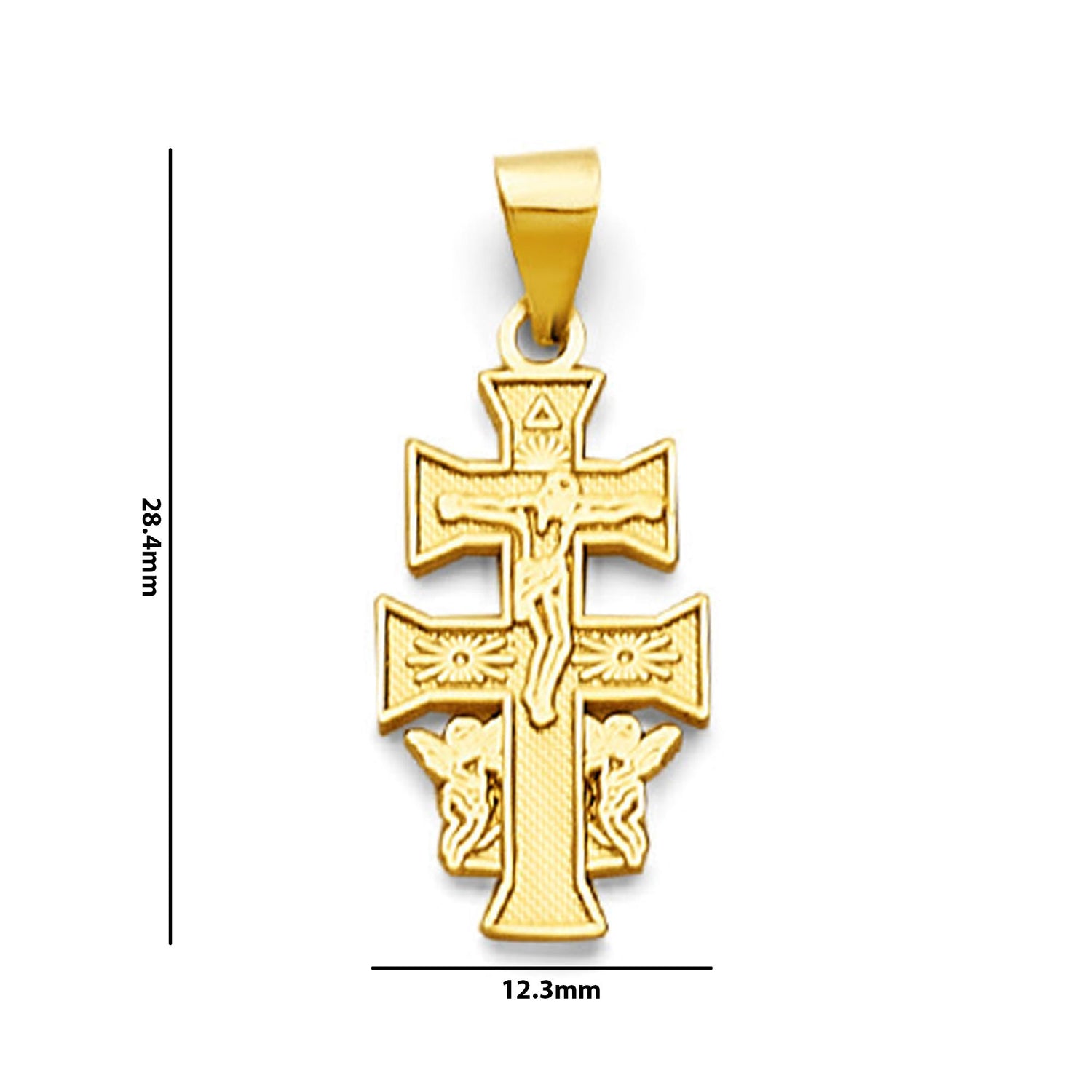 Yellow Gold Patriarchal Side-Facing Crucifix Cross &amp; Angels Pendant with Measurement