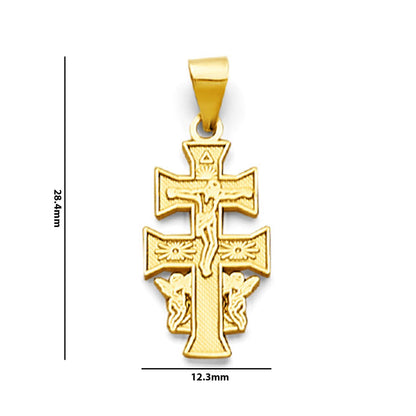 Yellow Gold Patriarchal Side-Facing Crucifix Cross &amp; Angels Pendant with Measurement