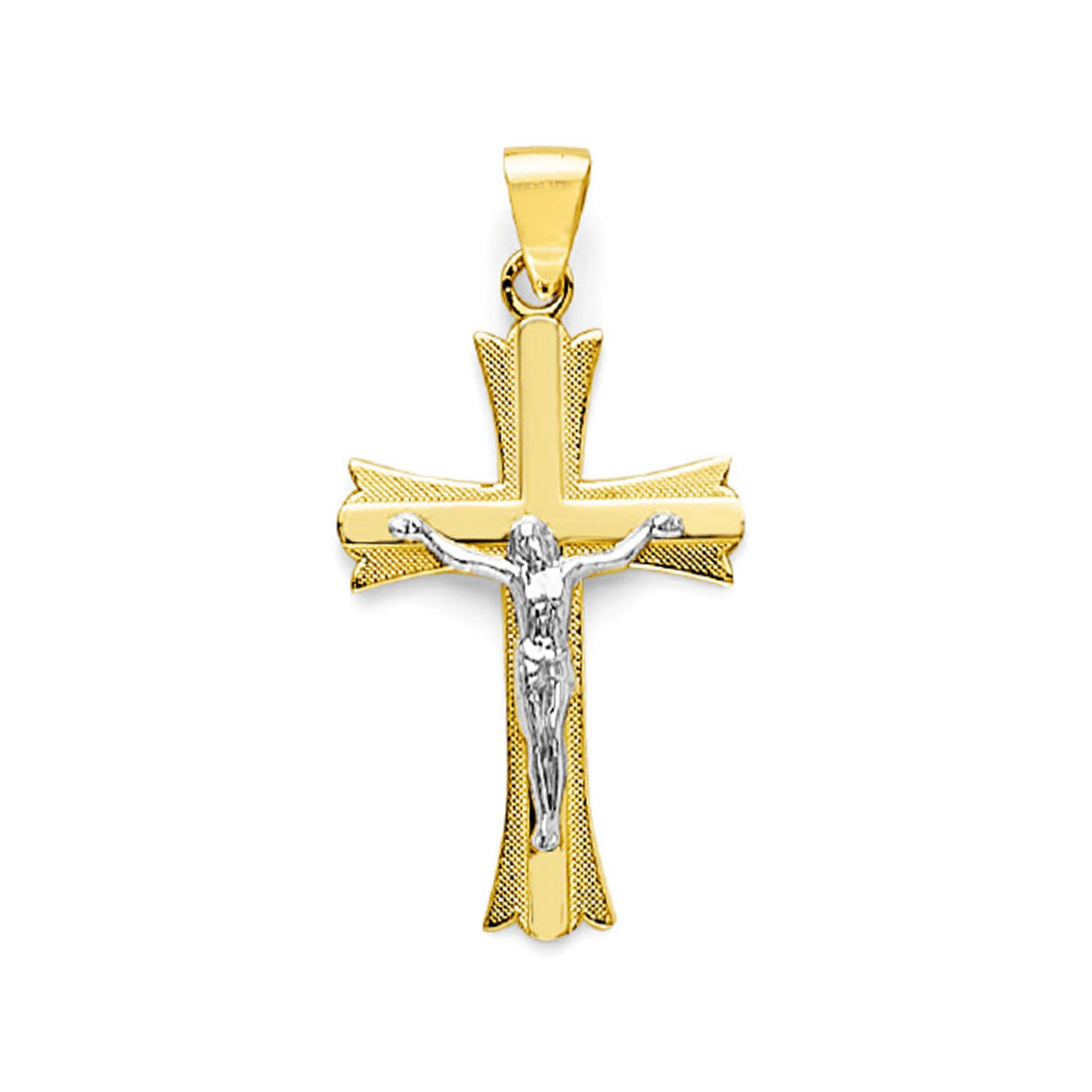 Two Tone Gold Smooth &amp; Textured Patonce Crucifix Double Cross Pendant