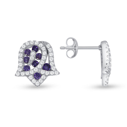 925 Sterling Silver Round Cut Purple &amp; White CZ Flower Pendant &amp; Stud Earrings Jewelry Set