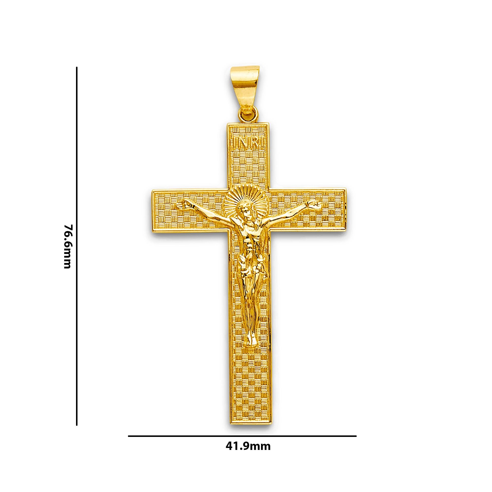 Yellow Gold Woven INRI Crucifix Cross Pendant with Measurement