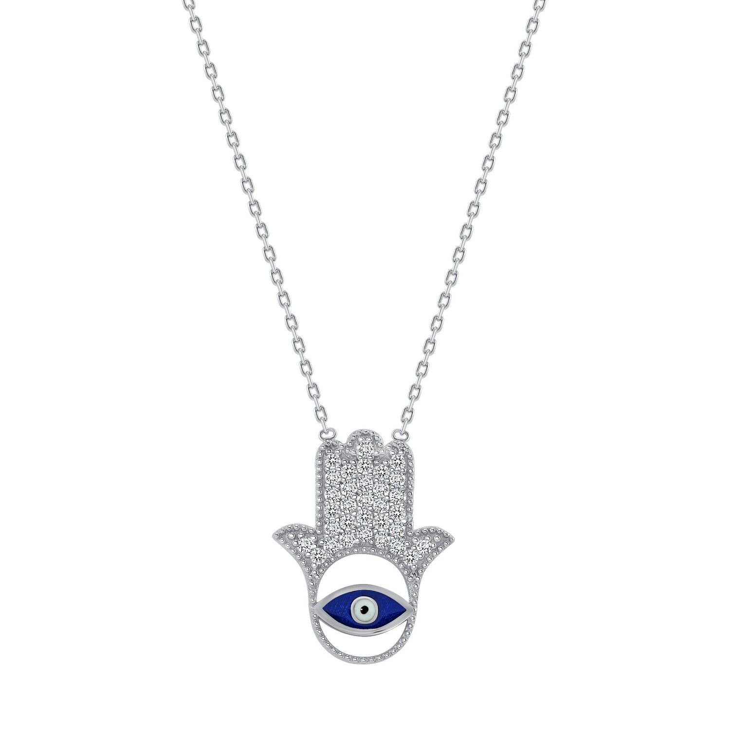 925 Sterling Silver Blue Evil Eye In Pavé CZ Hamsa Pendant Necklace