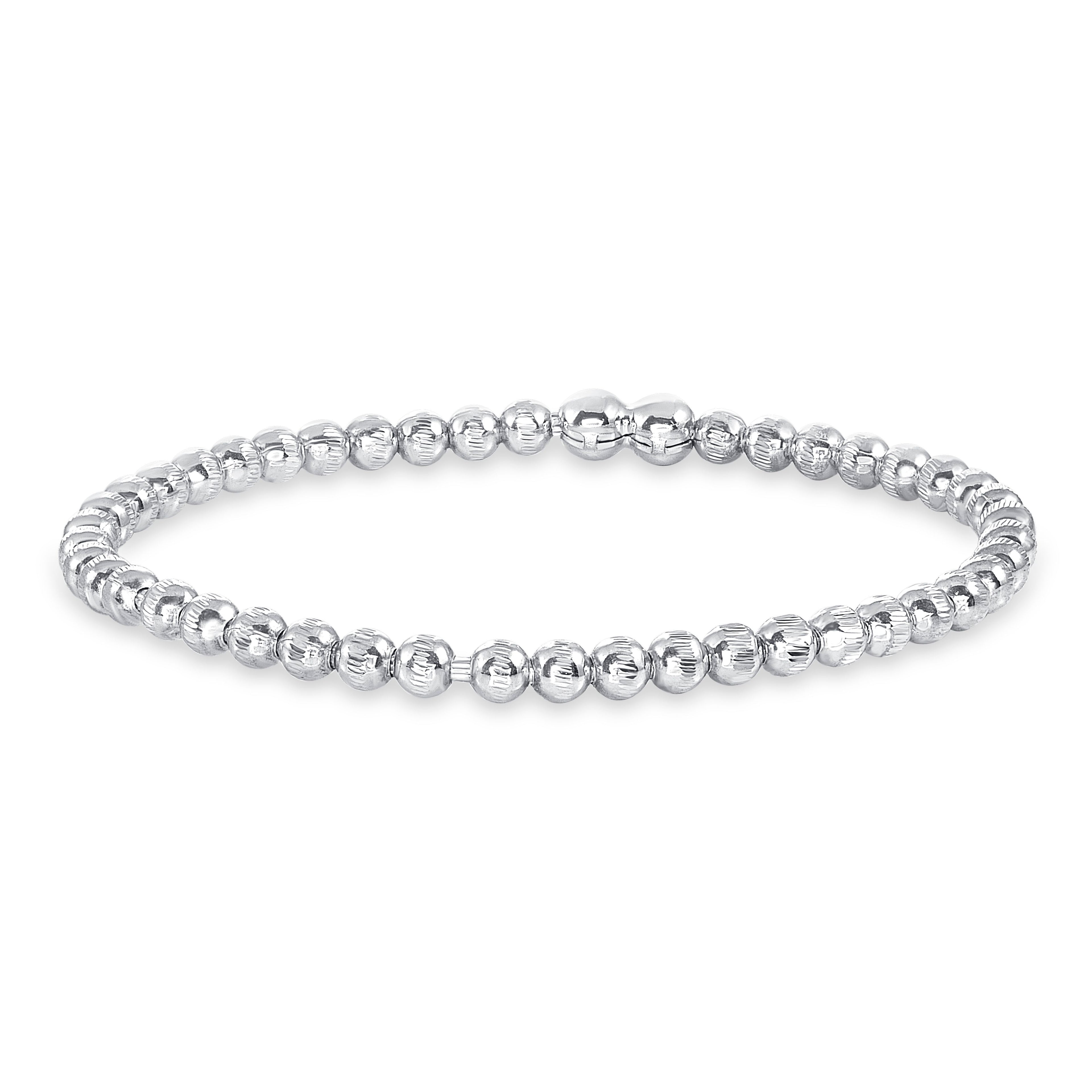 925 Sterling Silver Diamond Cut Rhodium Accent Line Beaded Bracelet