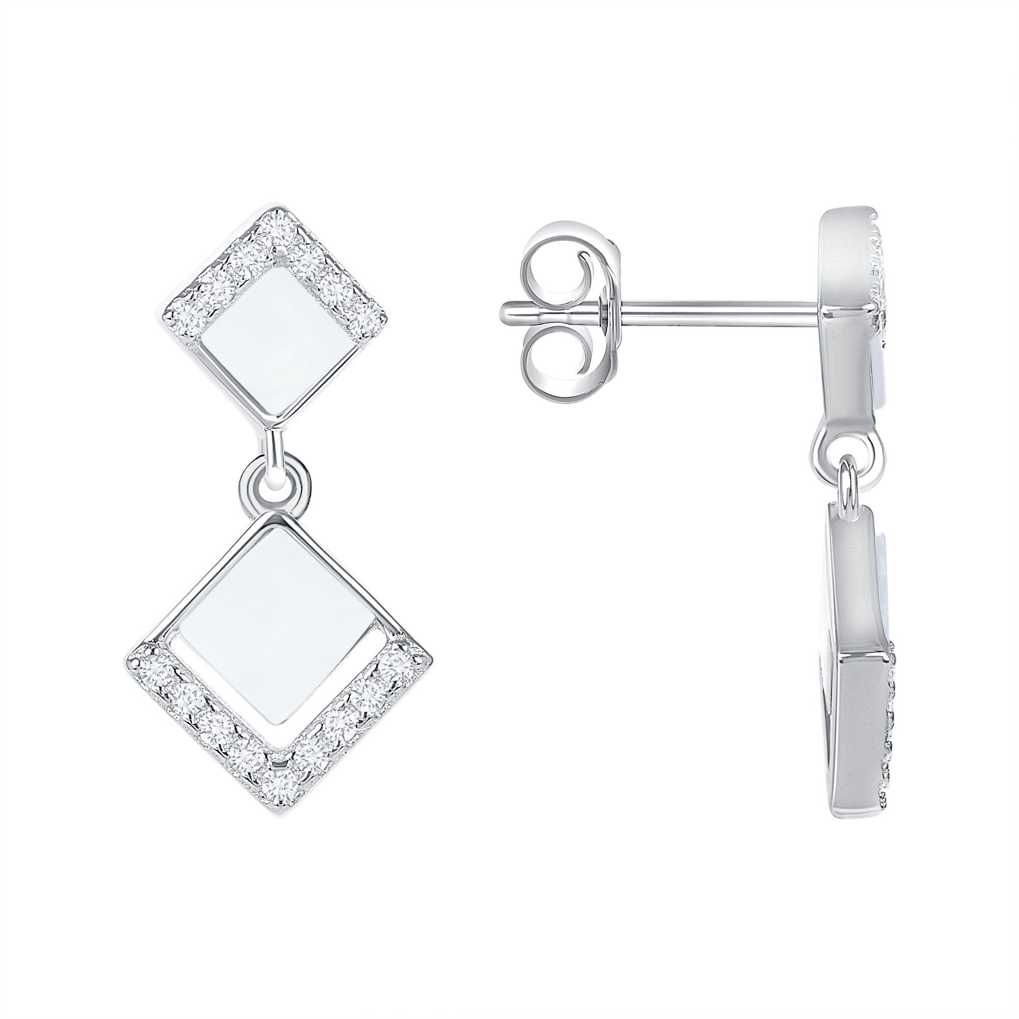 925 Sterling Silver Square Shaped Mother of Pearl CZ Drop Earrings