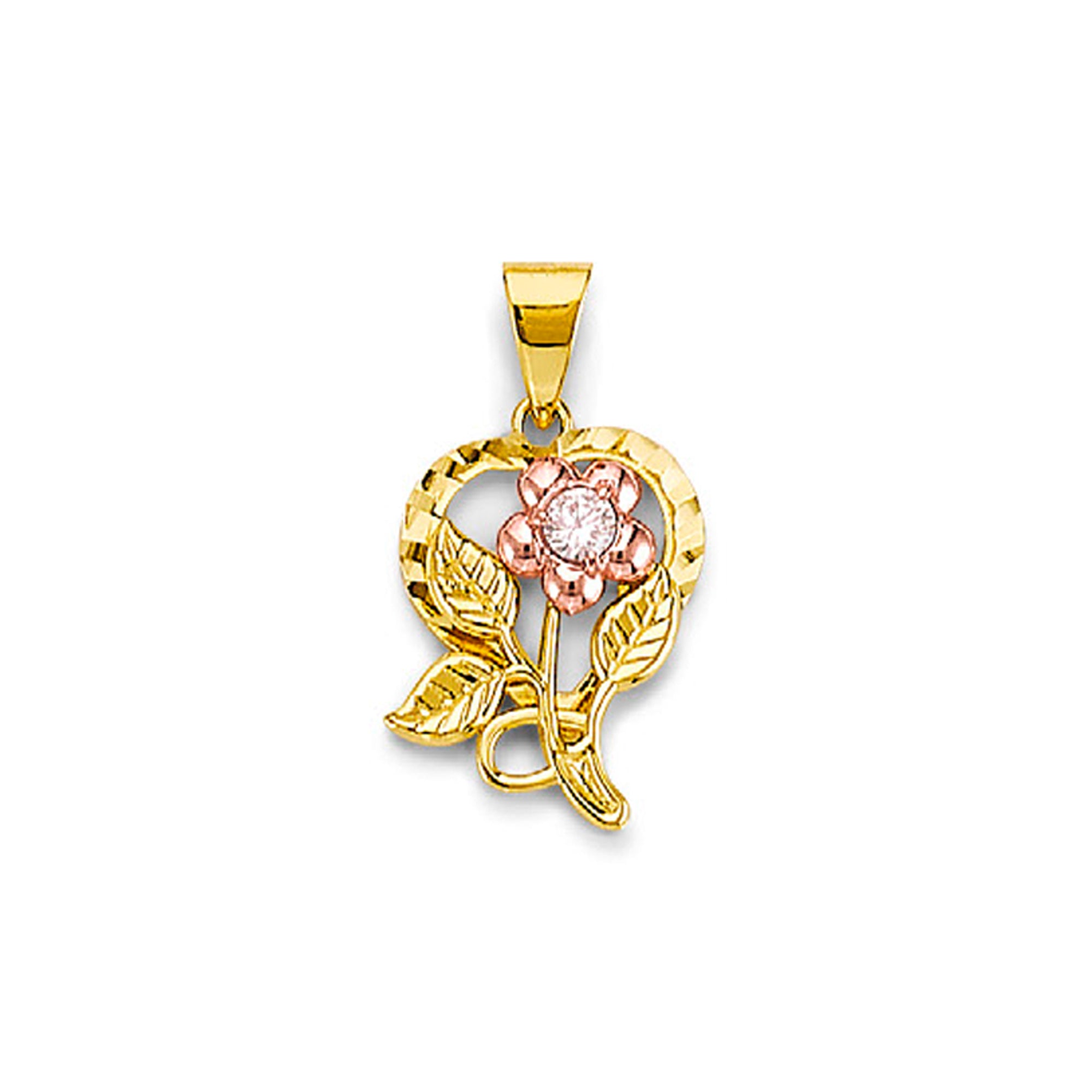 Two Tone Gold Round CZ Designer Heart Floral Pendant 