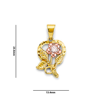 Two Tone Gold Round CZ Designer Heart Floral Pendant  with Measurement