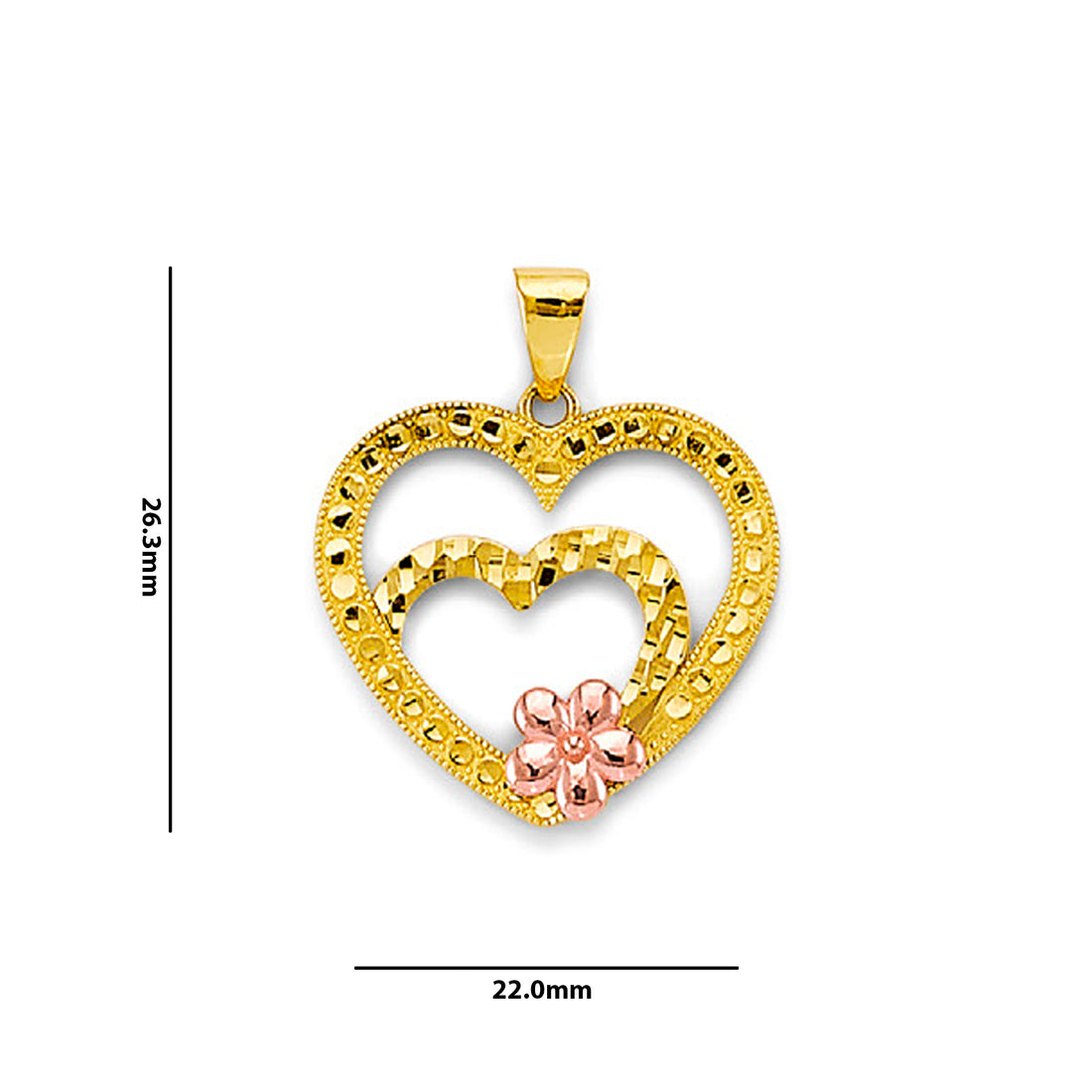 Two Tone Gold Double Heart Flower Pendant with Measurement