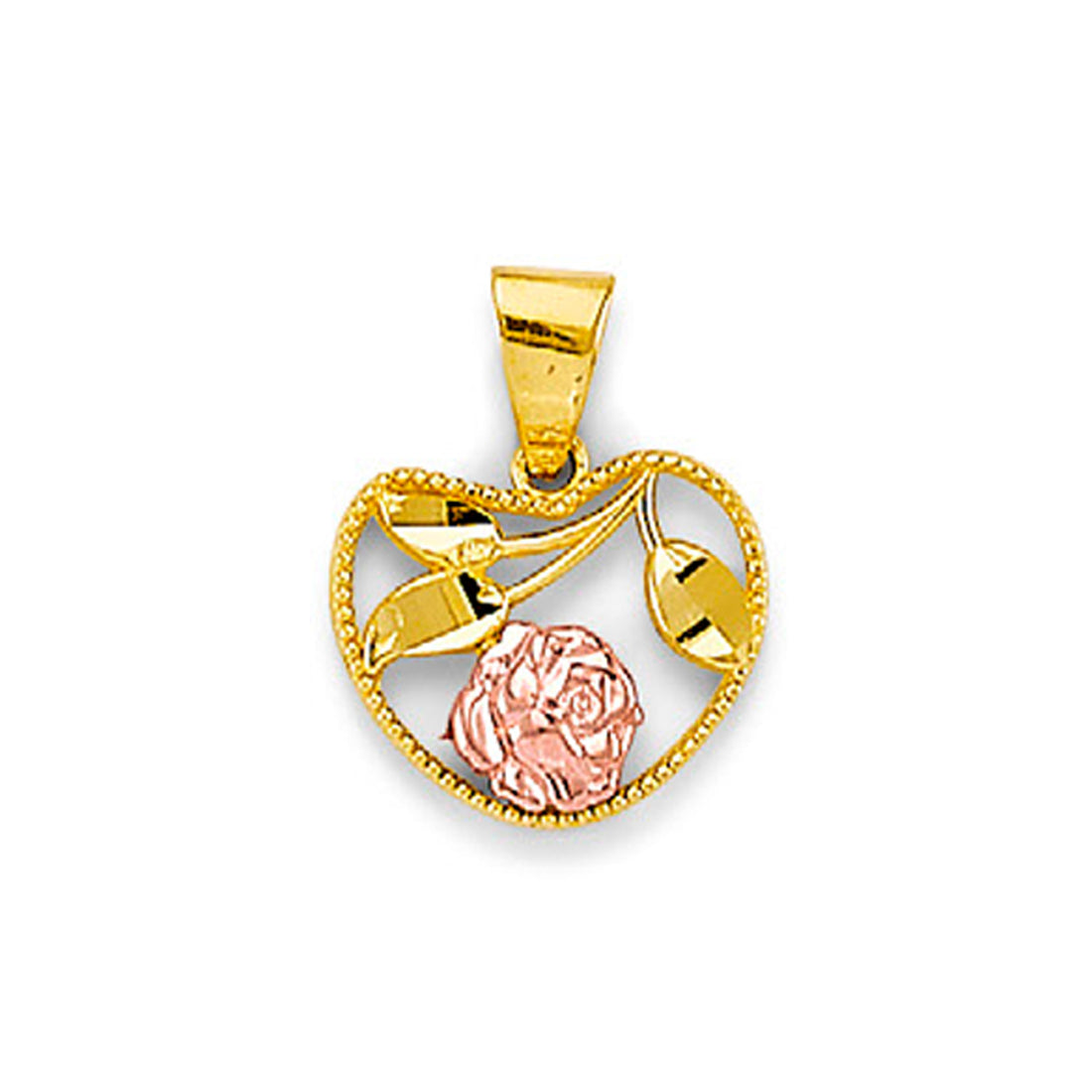 Two Tone Gold Curvy Floral Milgrain Heart Pendant