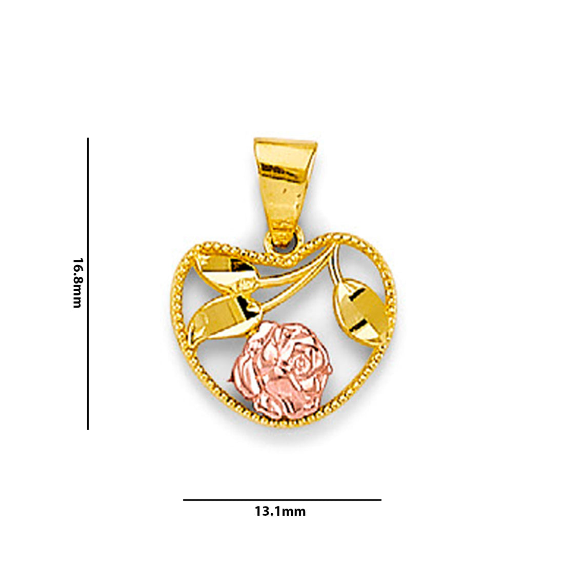 Two Tone Gold Curvy Floral Milgrain Heart Pendant with Measurement