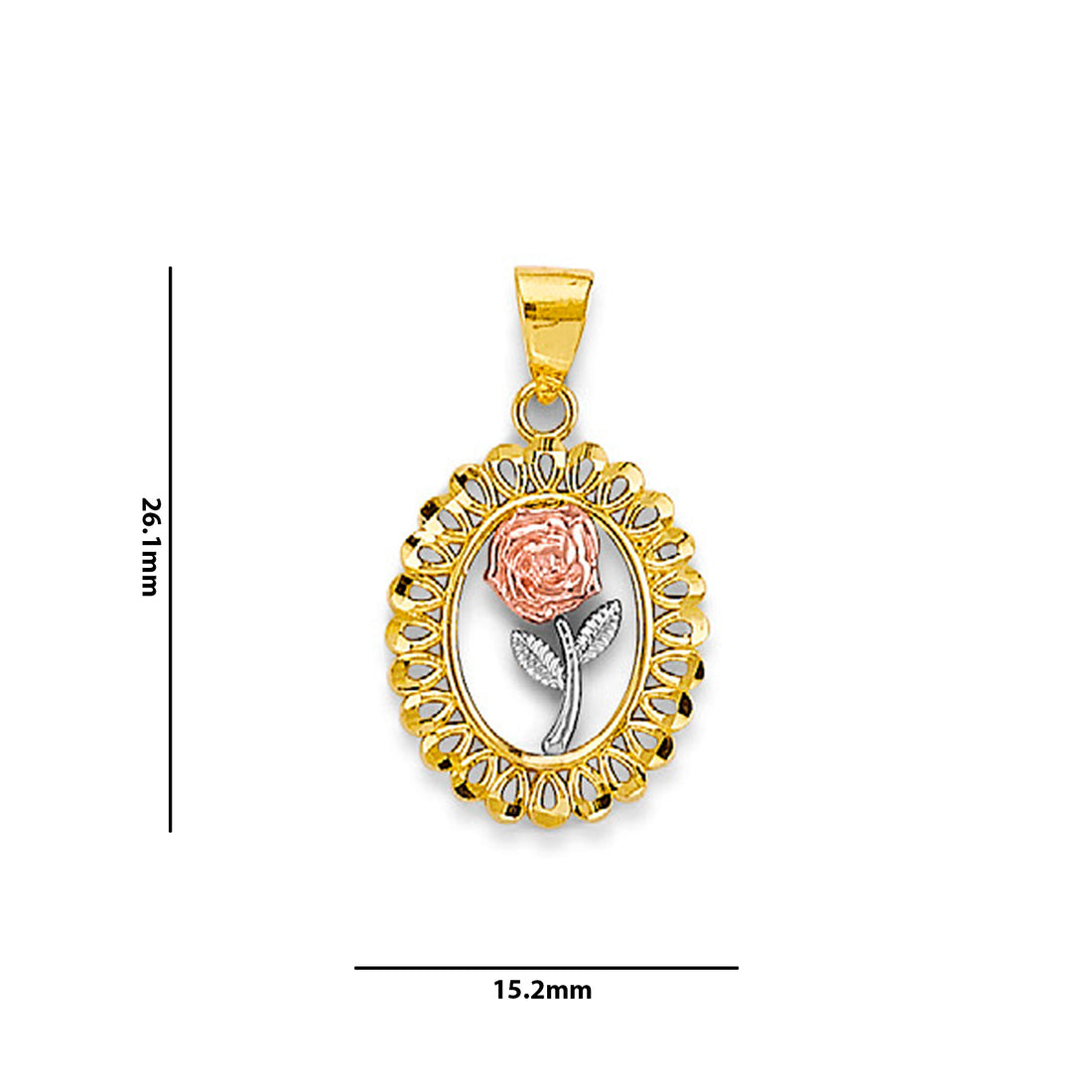 Tri Tone Gold Vintage Oval-cut Open Rose Pendant  with Measurement