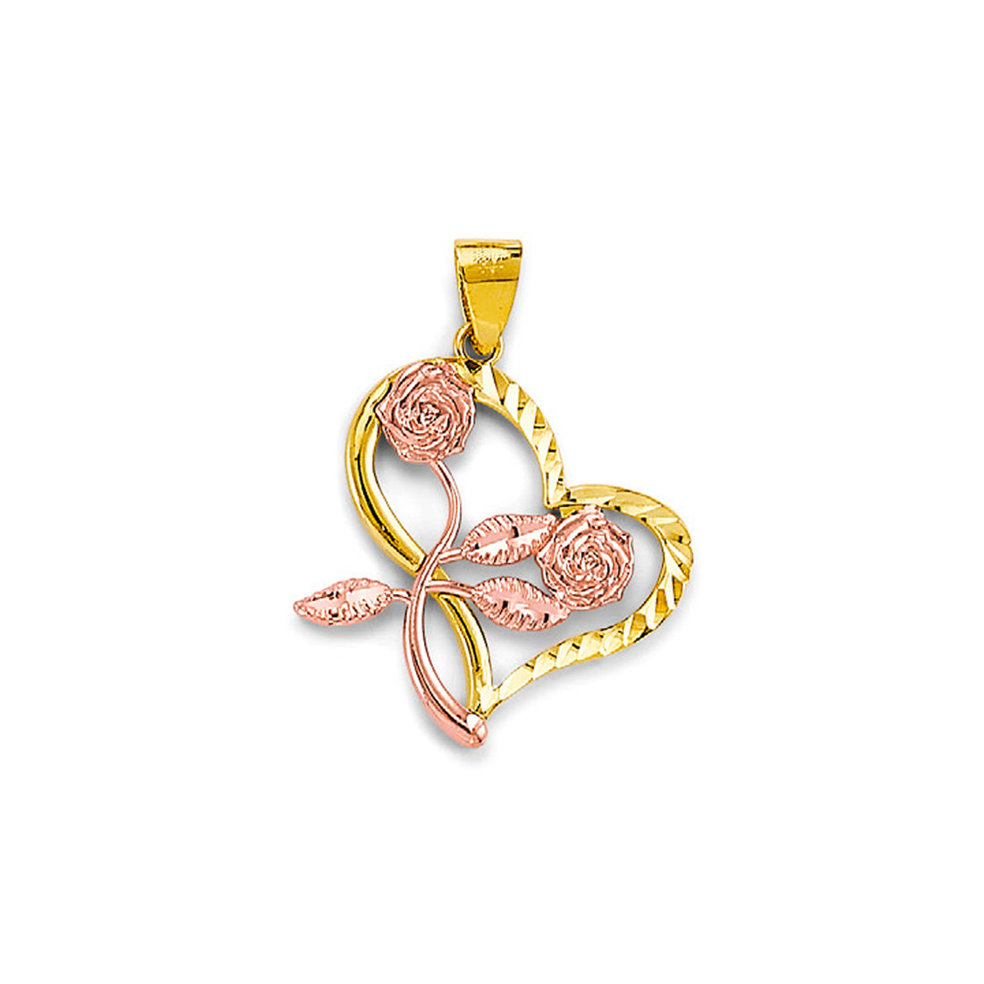 Two Tone Gold Floral Diamond Cut Open Heart Pendant