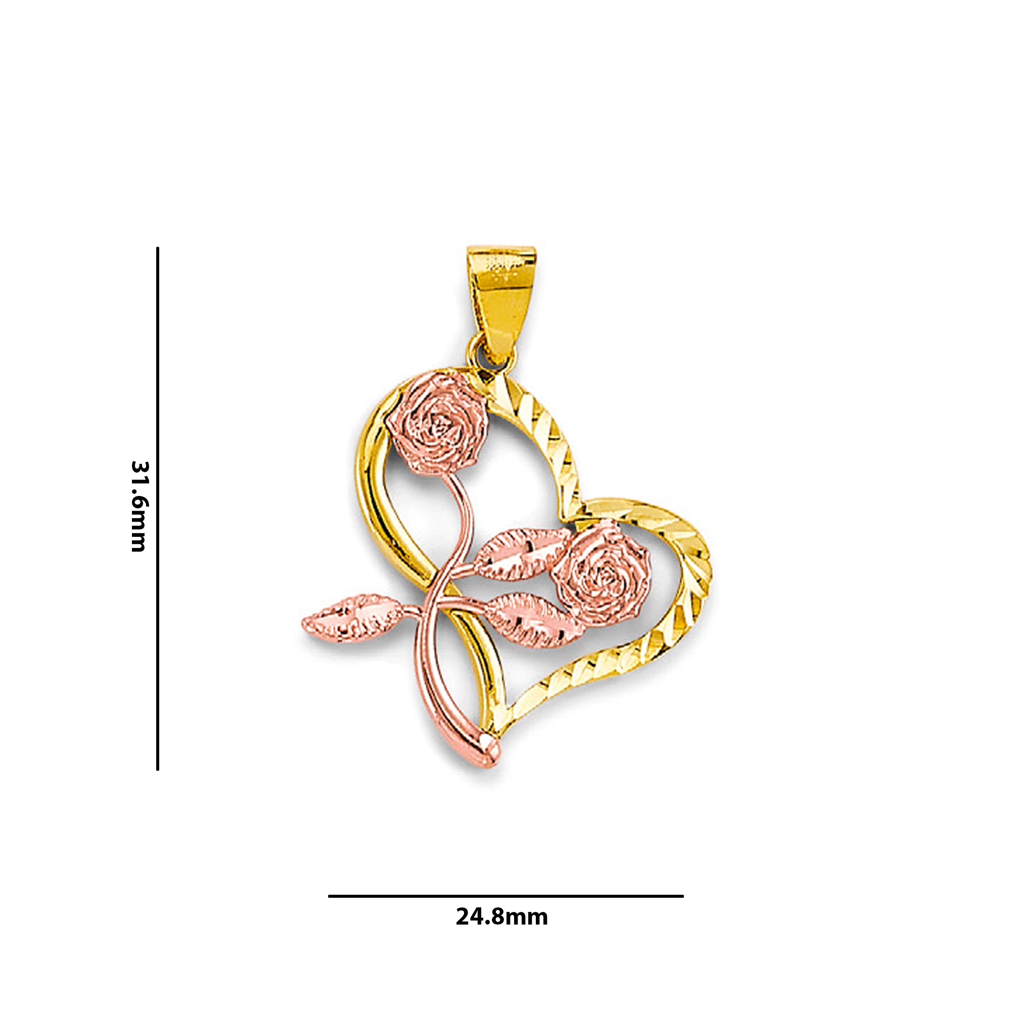 Two Tone Gold Floral Diamond Cut Open Heart Pendant with Measurement