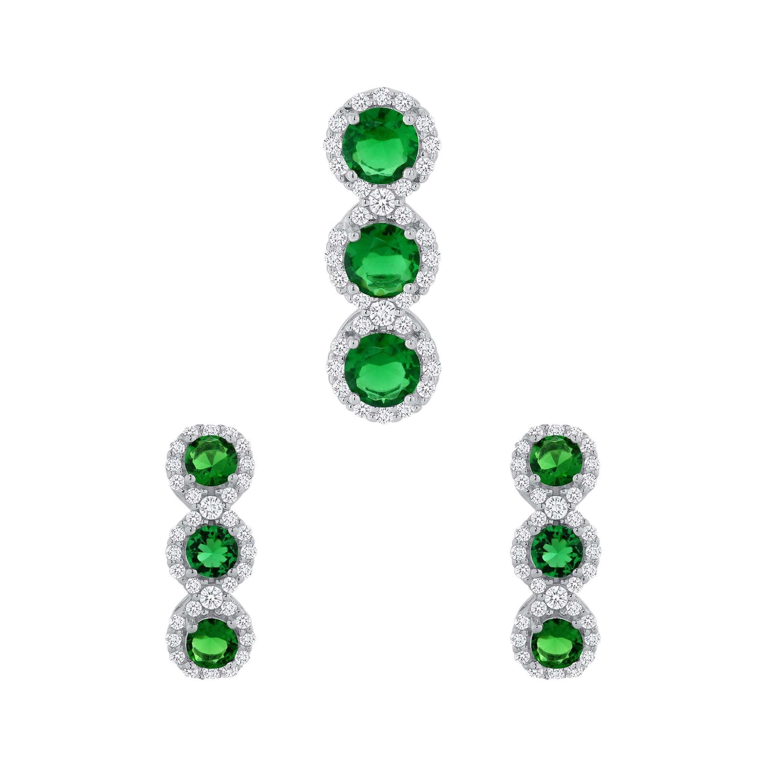 925 Sterling Silver Tri Round Cut Green CZ with Halo Pendant &amp; Dangle Earrings Jewelry Set