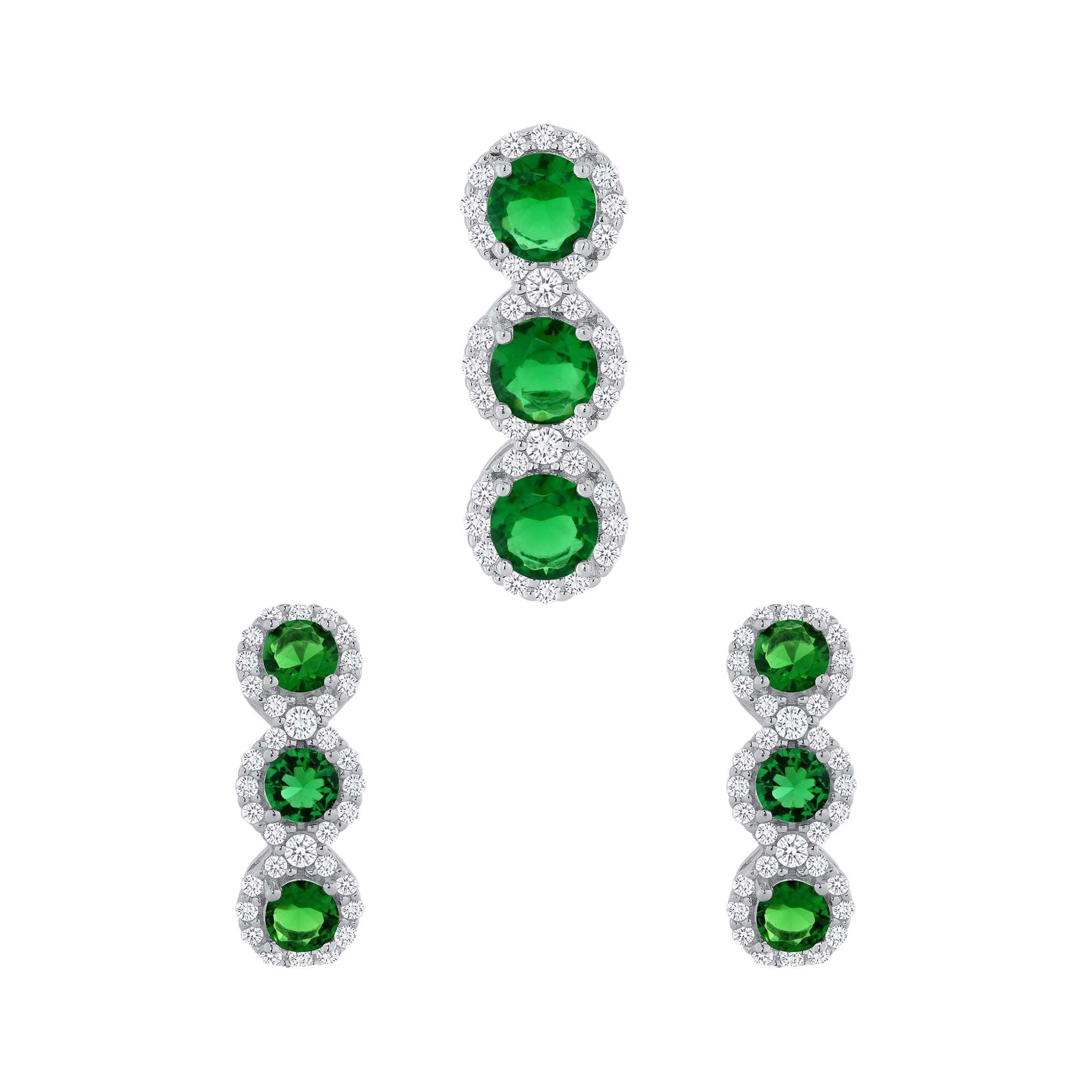 925 Sterling Silver Tri Round Cut Green CZ with Halo Pendant &amp; Dangle Earrings Jewelry Set