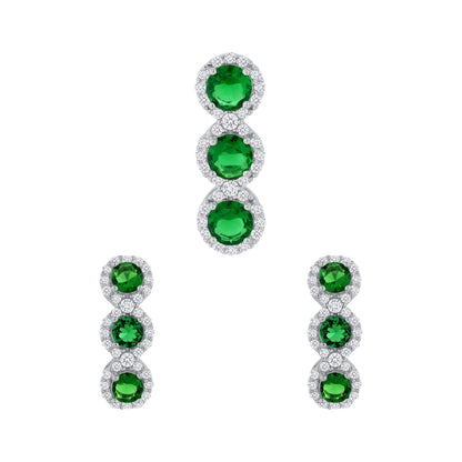 925 Sterling Silver Tri Round Cut Green CZ with Halo Pendant &amp; Dangle Earrings Jewelry Set