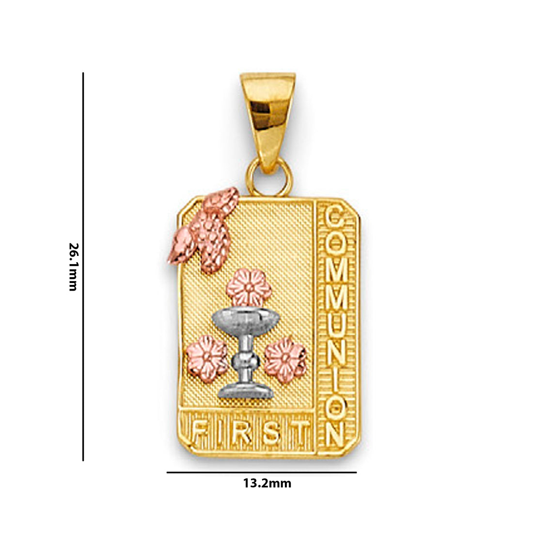 Tri Tone Gold First Communion Religious Pendant with Measurement