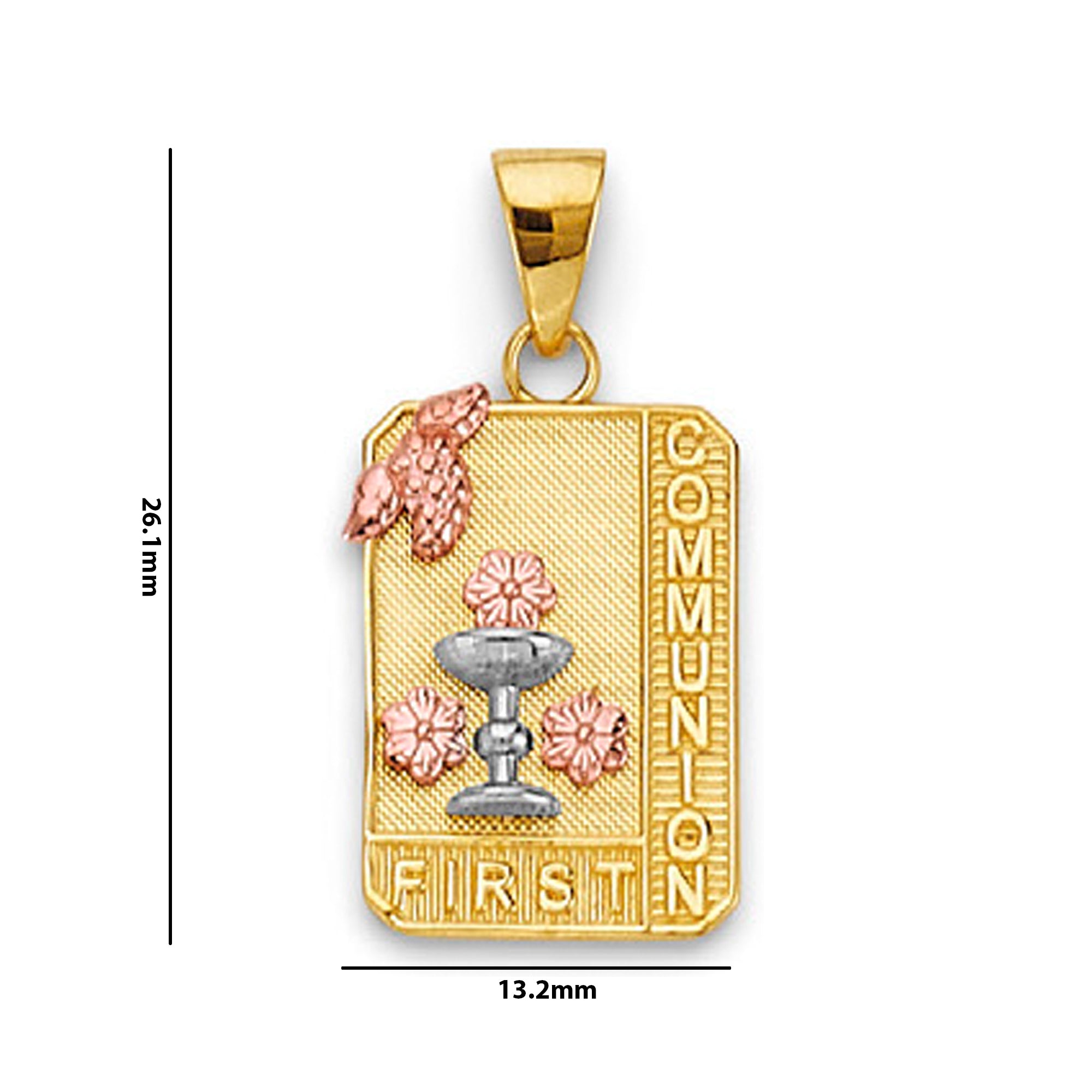 Tri Tone Gold First Communion Religious Pendant with Measurement