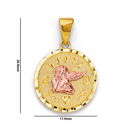 Two Tone Gold Circular Tablet Angel Pendant  with Measurement