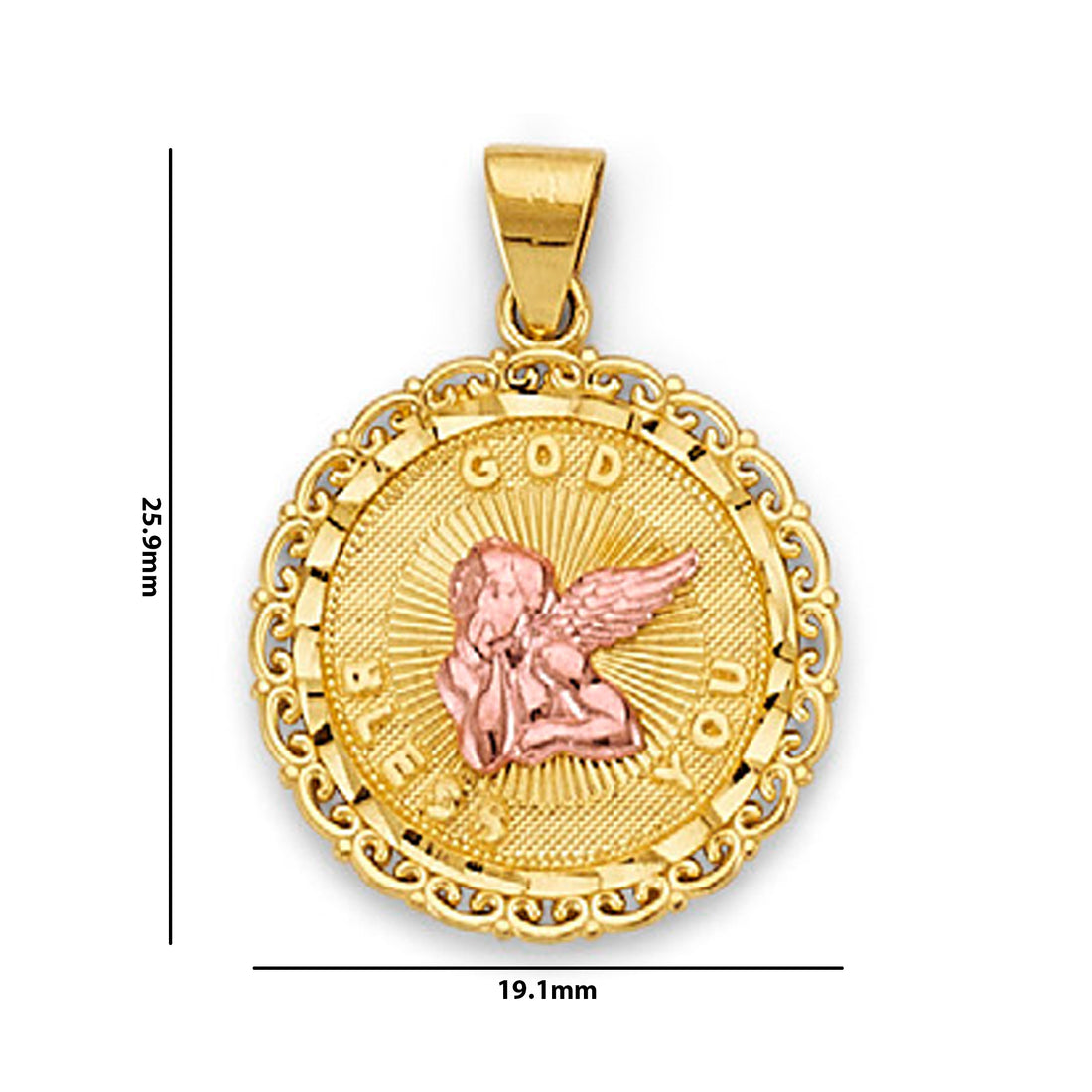 Two Tone Gold Bless You Designer Angel Pendant with Measurement