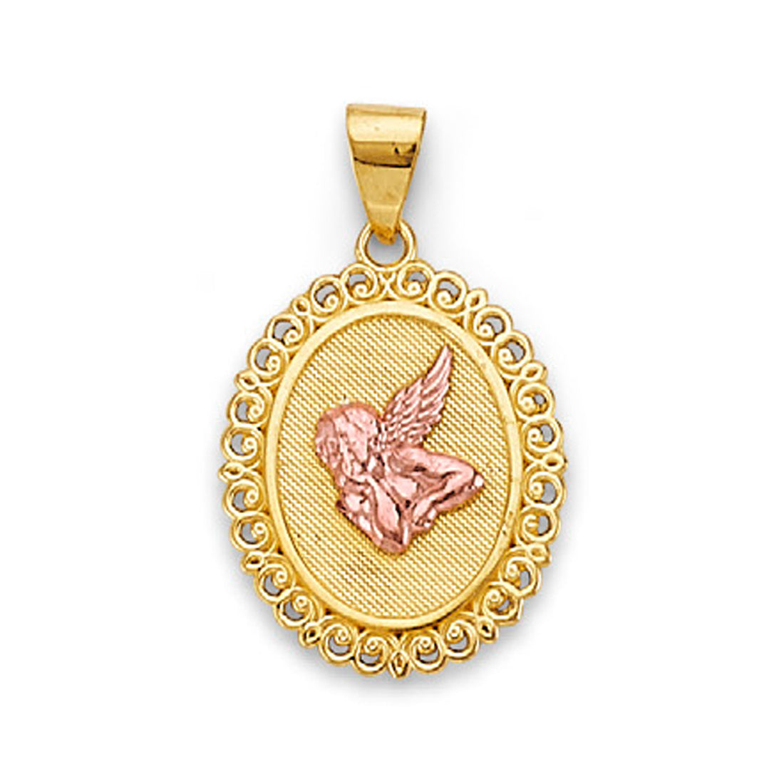 Two Tone Gold Oval Filigree Angel Pendant