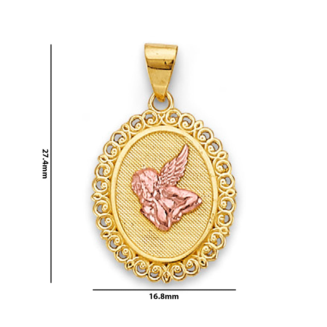 Two Tone Gold Oval Filigree Angel Pendant with Measurement