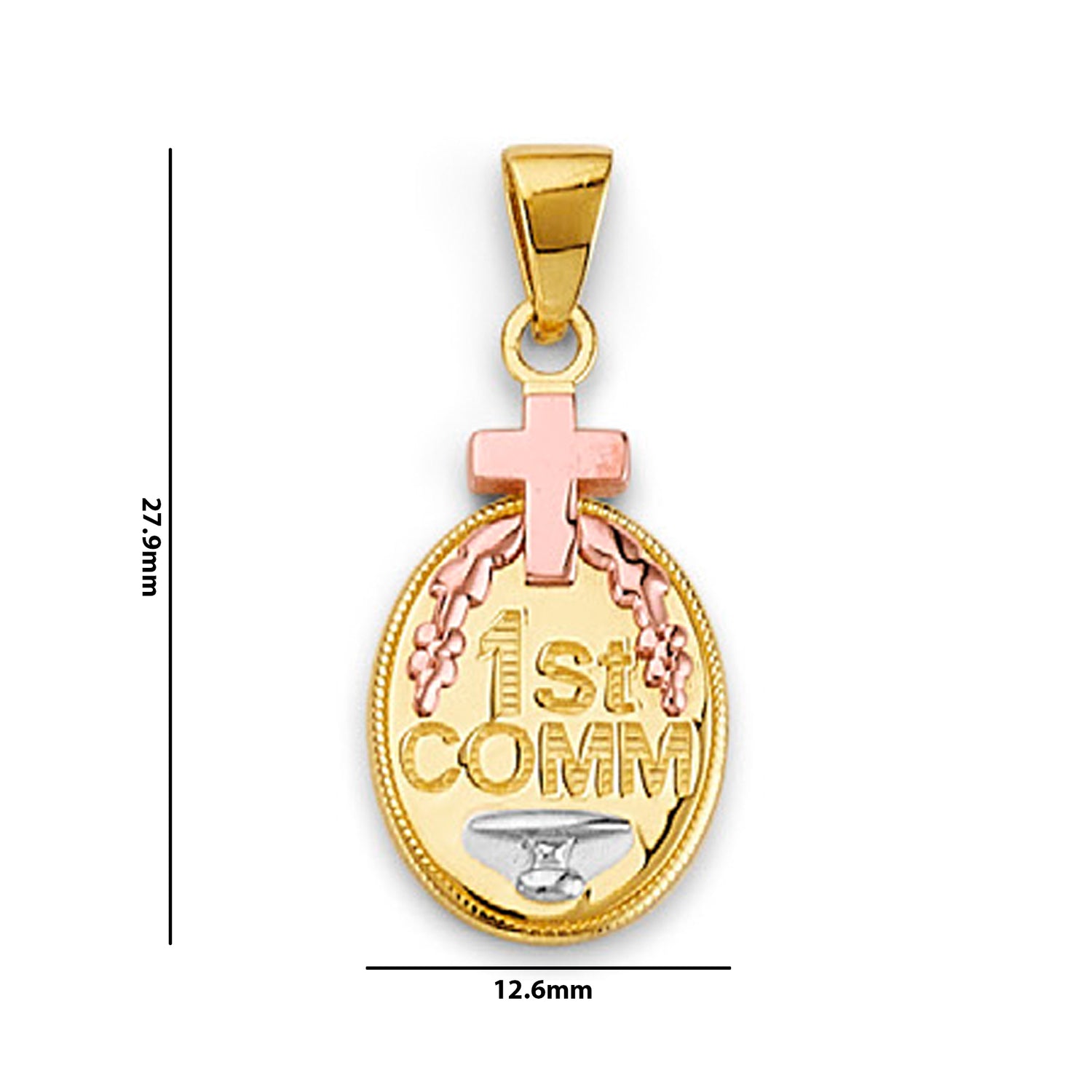 Tri Tone Gold 1st Communion Signet Pendant with Measurement