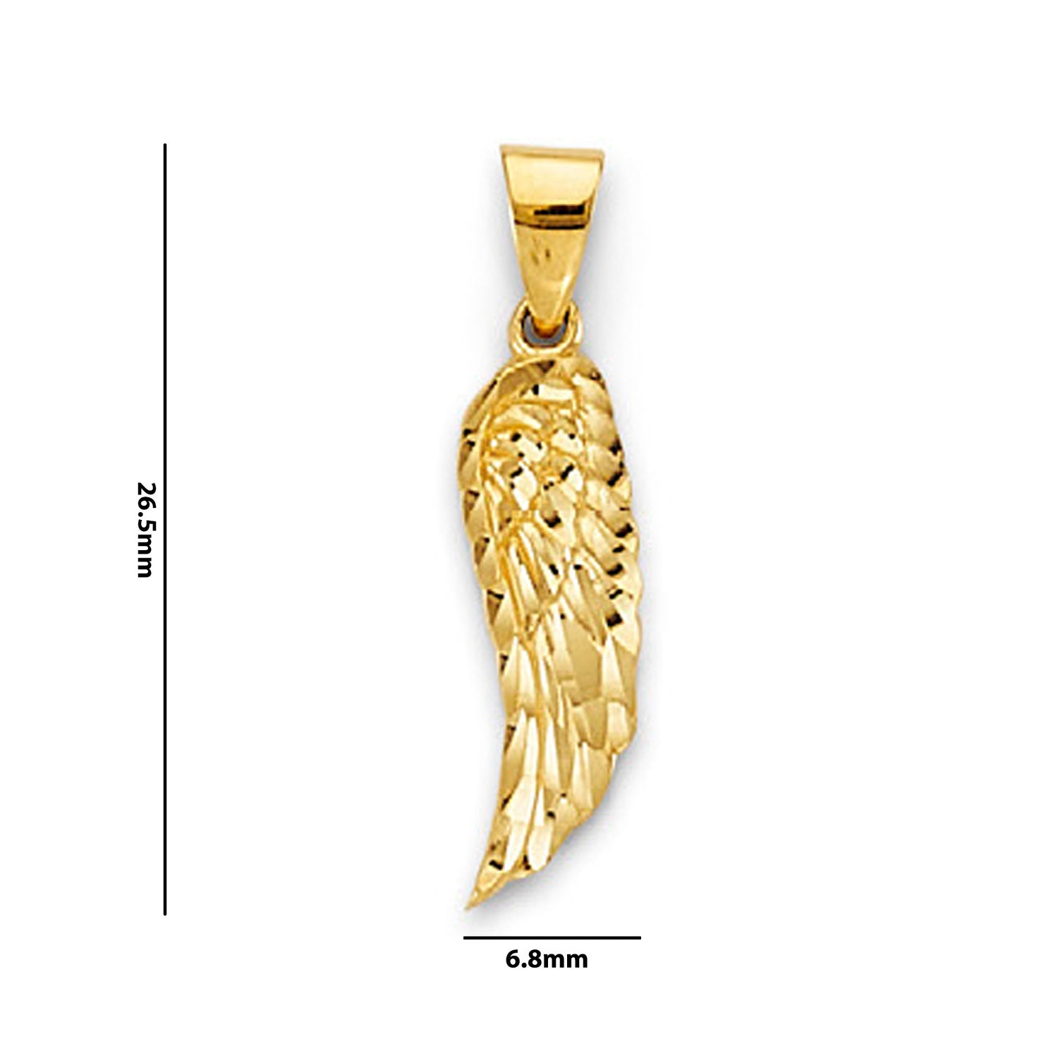 Yellow Gold Sharp Edged Angel Wing Charm Pendant with Measurement