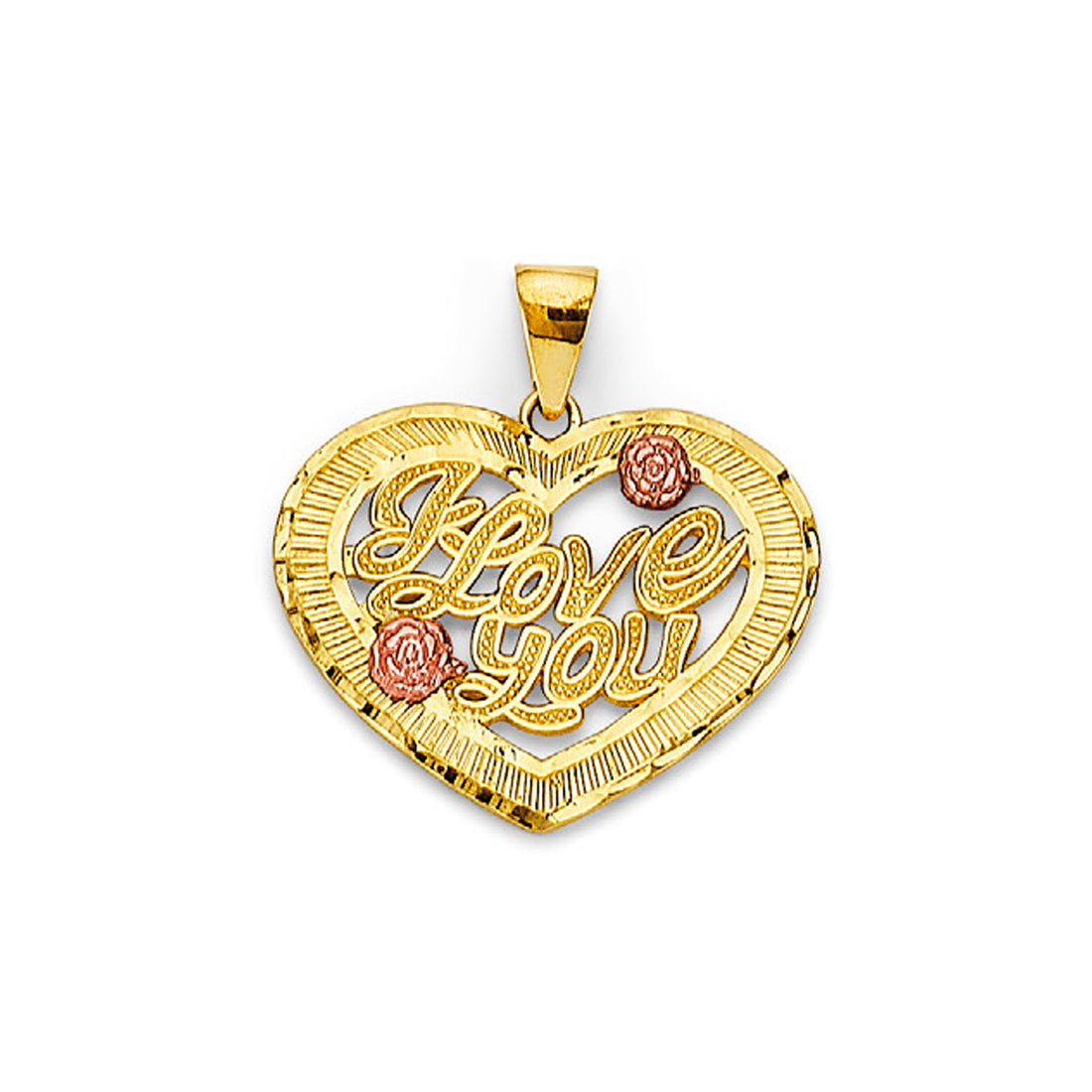 Two Tone Gold Heart Shape I Love You Floral Pendant 