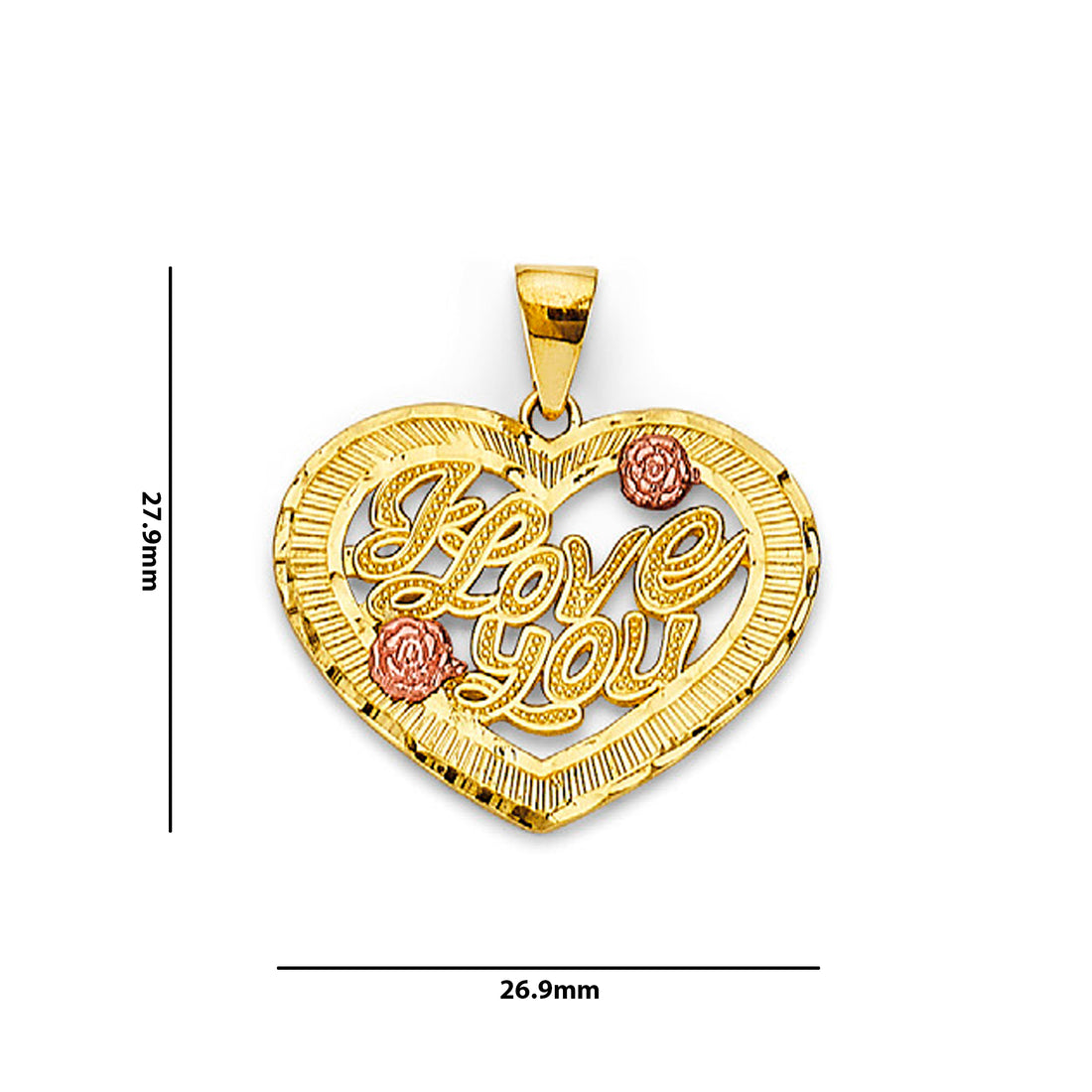 Two Tone Gold Heart Shape I Love You Floral Pendant  with Measurement