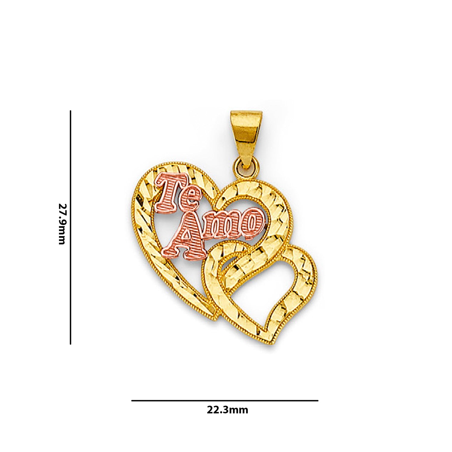 Two Tone Gold Double Open Heart Te Amo Nugget Pendant  with Measurement