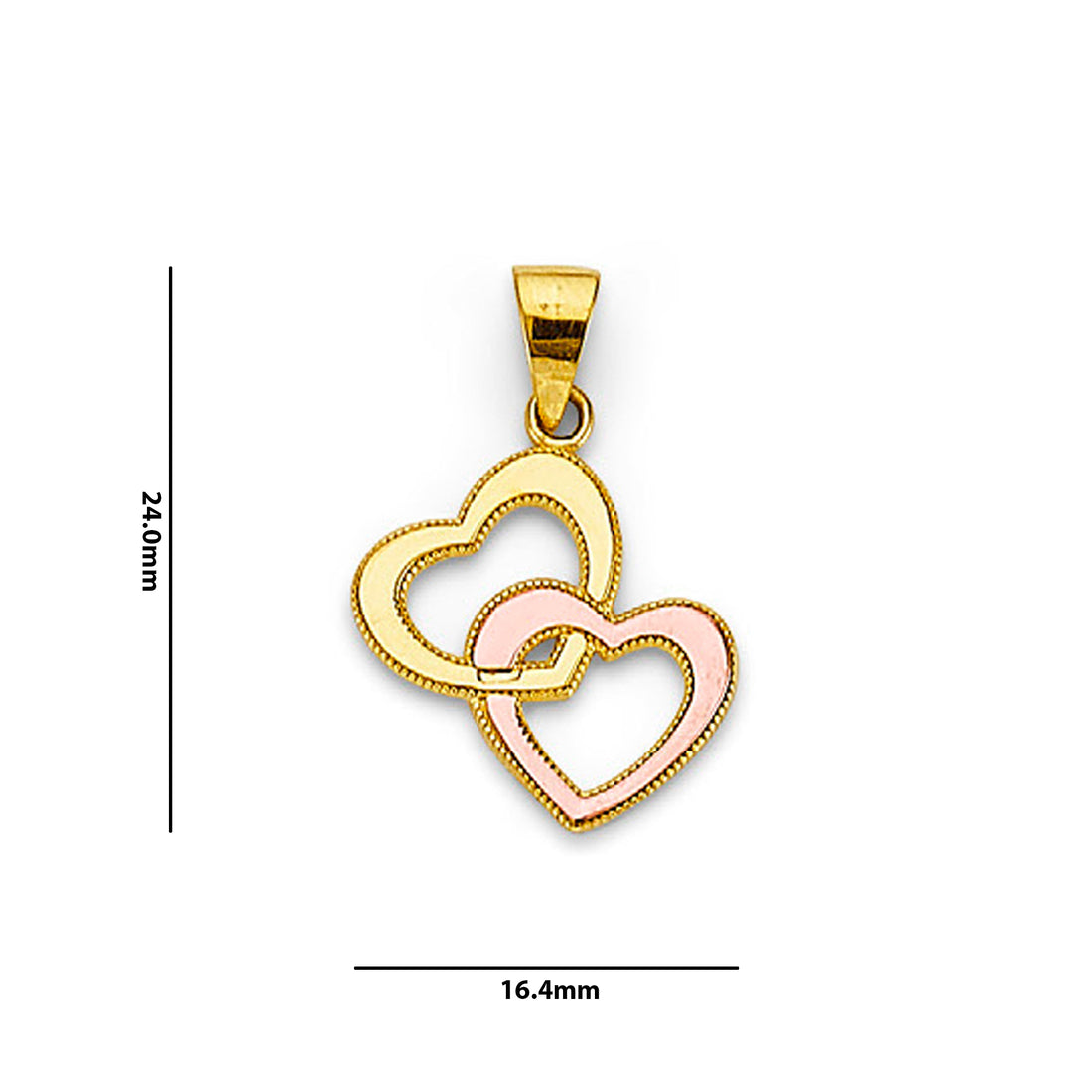 Two Tone Gold Dangling Hearts Pendant with Measurement