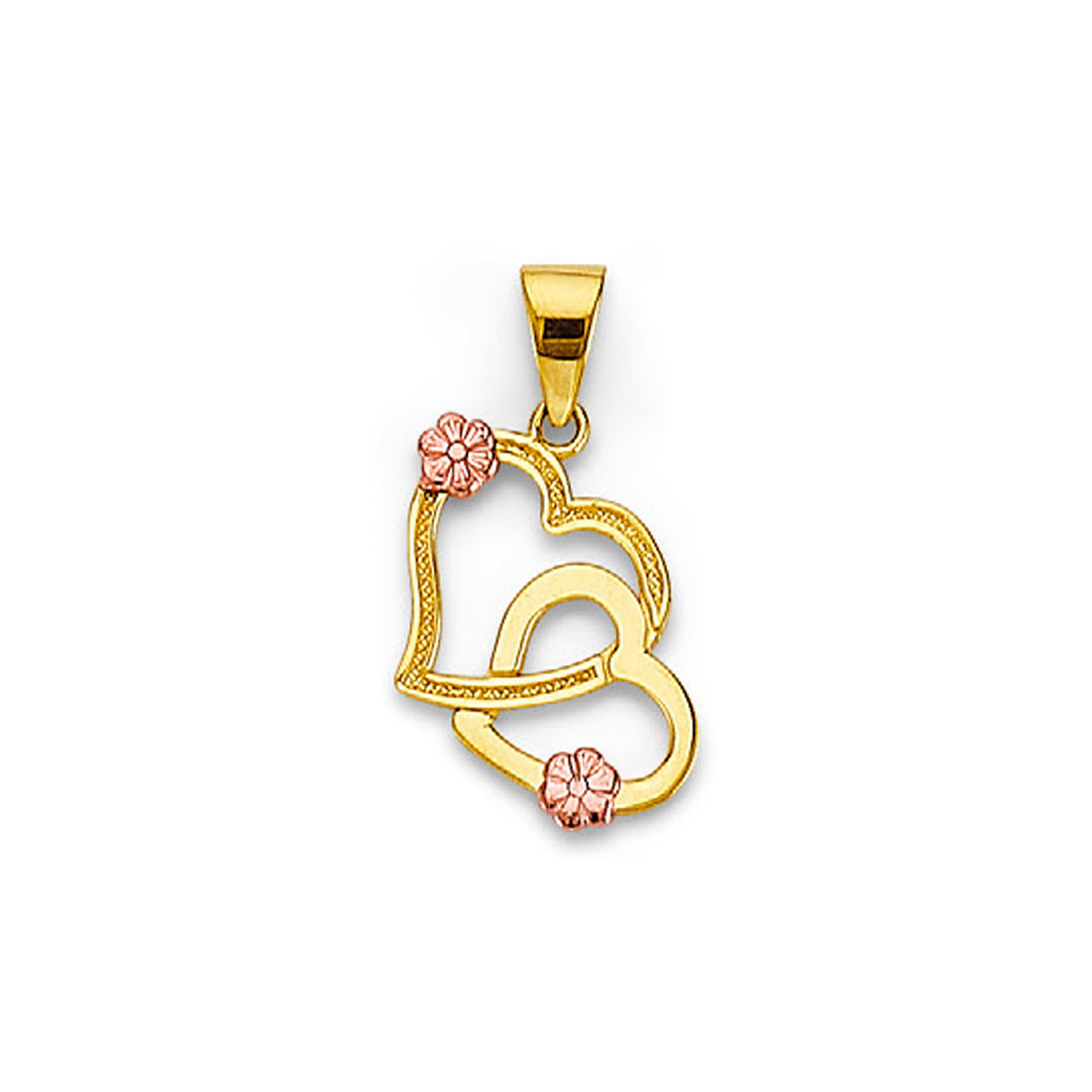 Two Tone Gold Double Open Heart Floral Textured Pendant