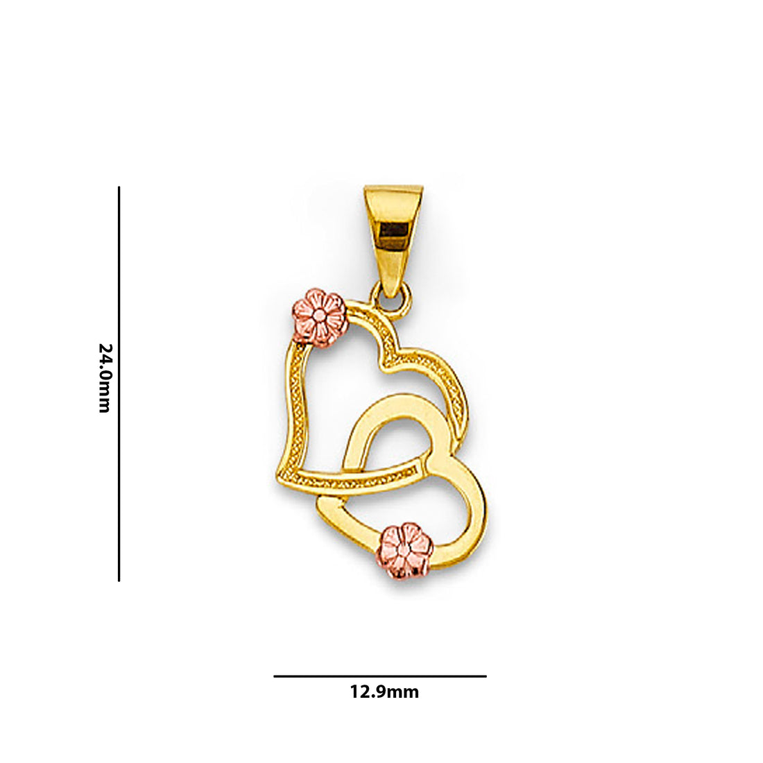 Two Tone Gold Double Open Heart Floral Textured Pendant with Measurement