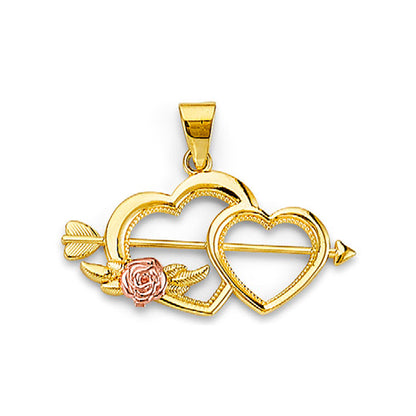 Two Tone Gold Double Open Heart Rose Arrow Pendant 