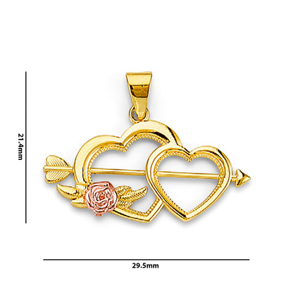 Two Tone Gold Double Open Heart Rose Arrow Pendant  with Measurement