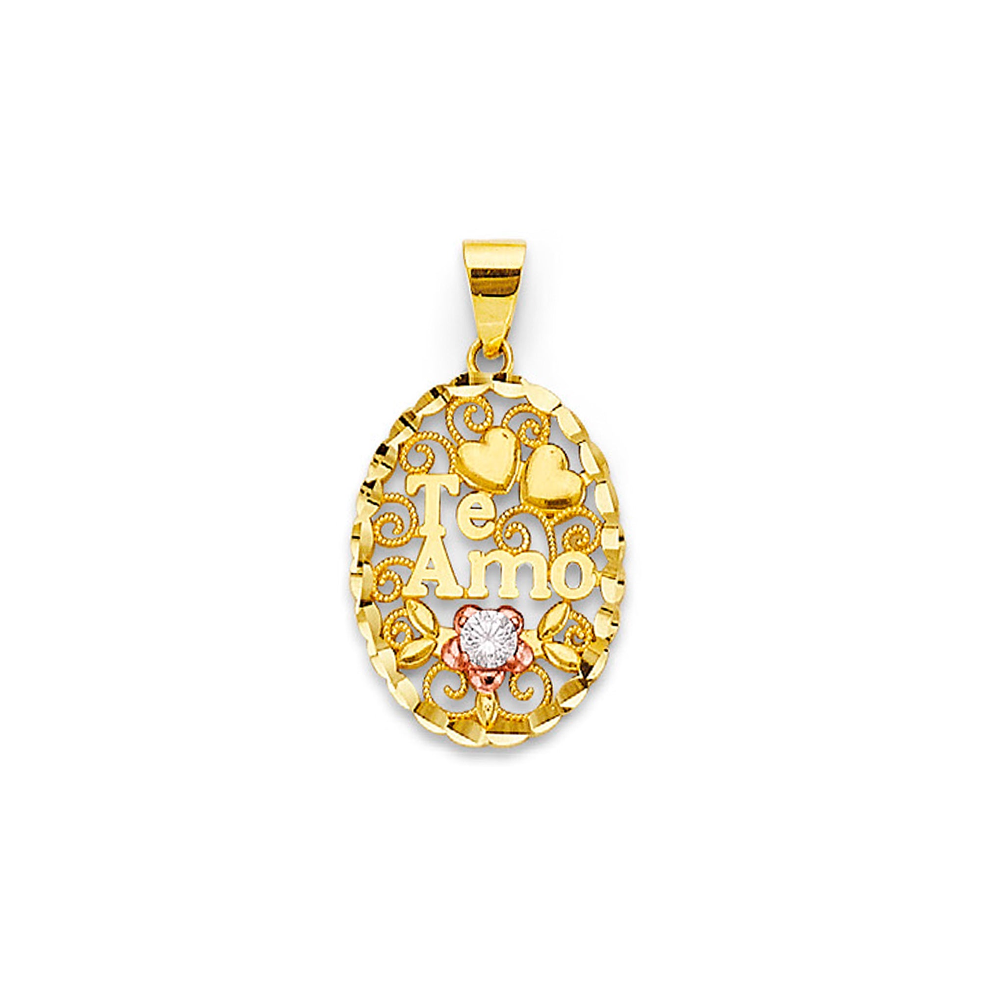 Tri Tone Gold Round CZ Te Amo Heart Floral Filigree Pendant 