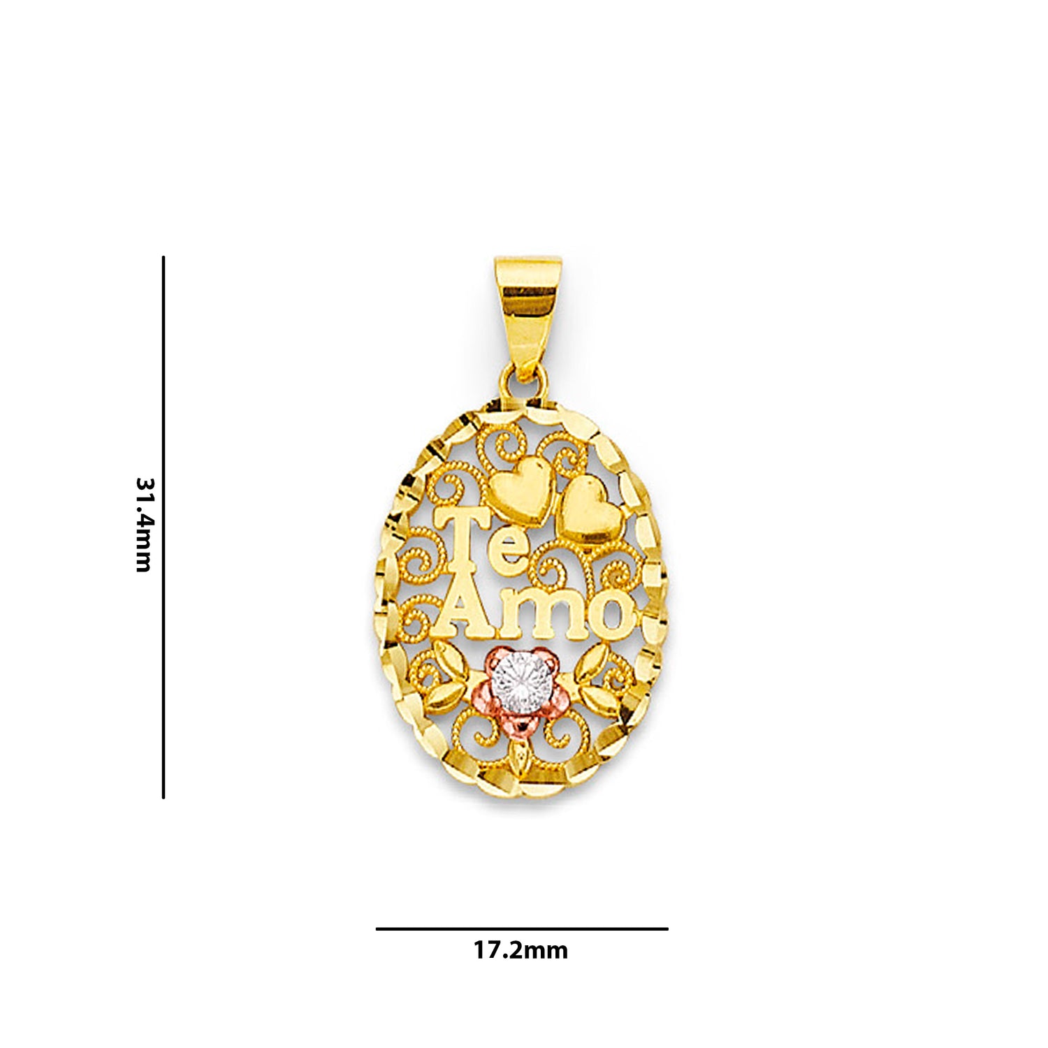 Tri Tone Gold Round CZ Te Amo Heart Floral Filigree Pendant  with Measurement