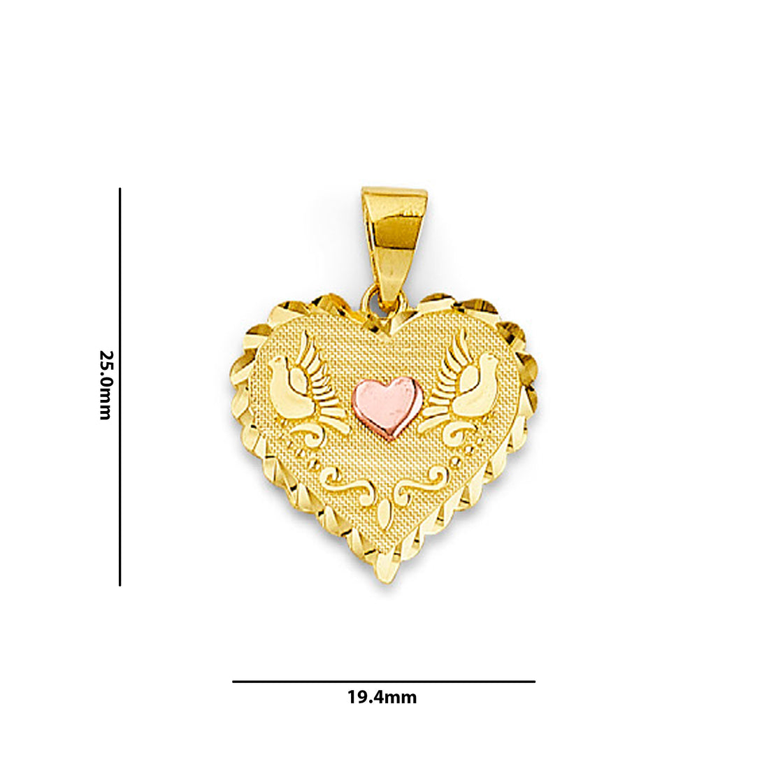 Two Tone Gold Dove Heart Textured Pendant with Measurement