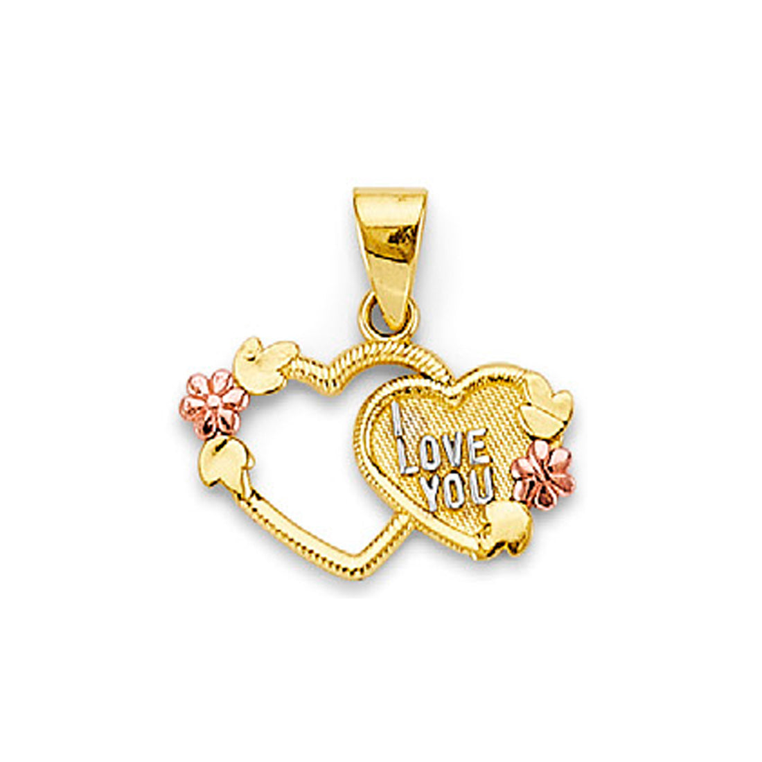 Two Tone Gold Fancy Floral I Love You Double Heart Pendant 