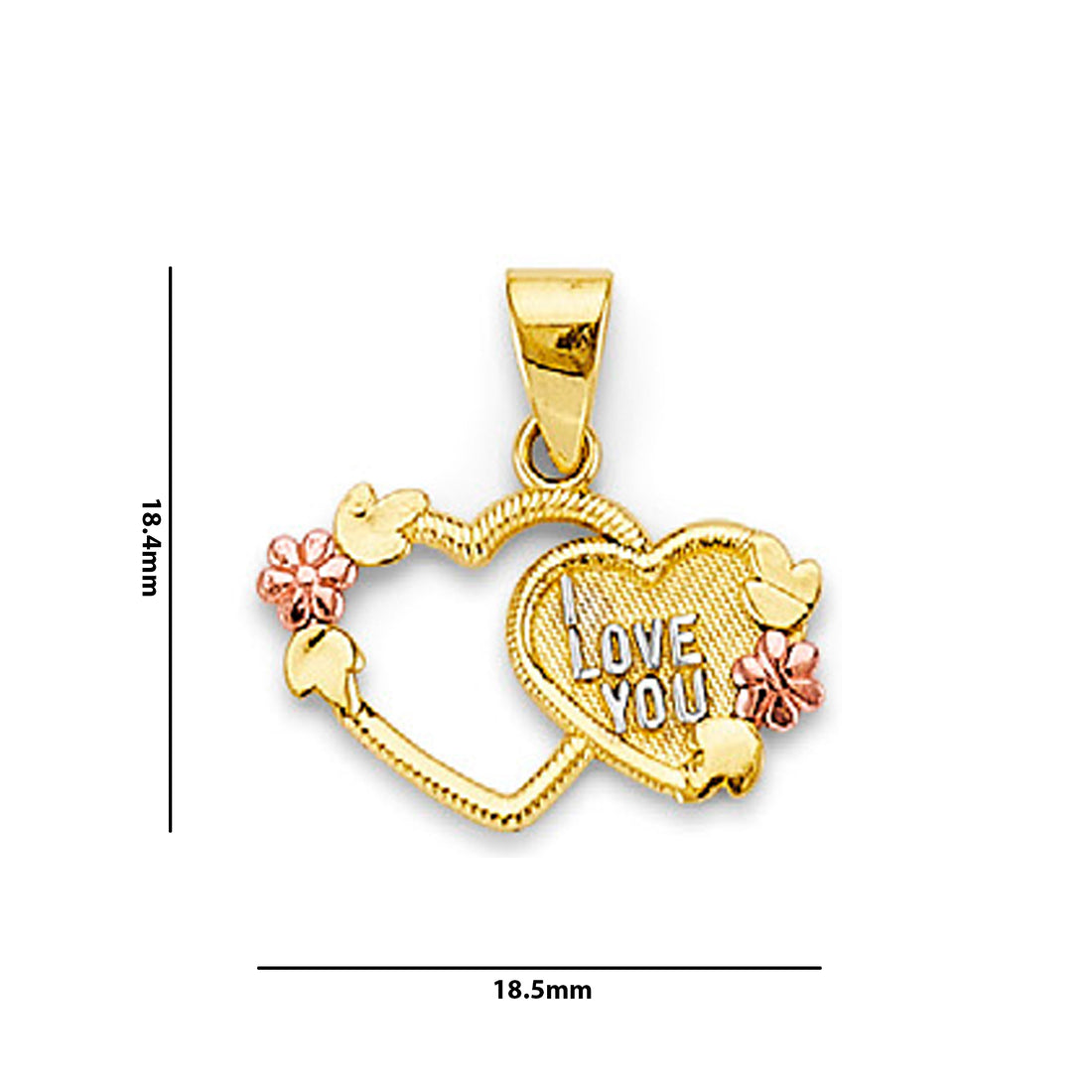 Two Tone Gold Fancy Floral I Love You Double Heart Pendant  with Measurement