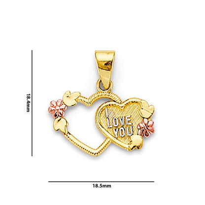 Two Tone Gold Fancy Floral I Love You Double Heart Pendant  with Measurement