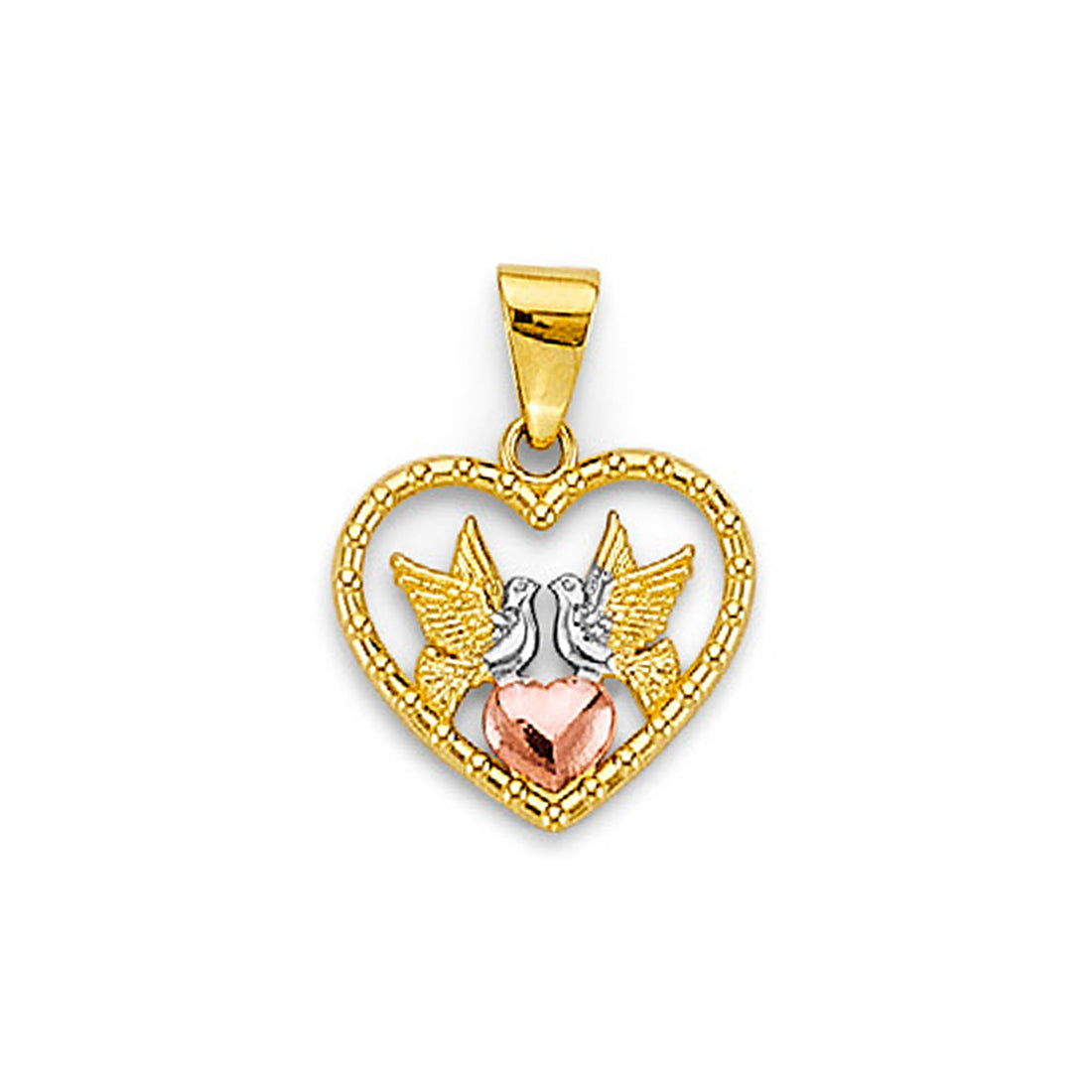 Tri Tone Gold Doves Open Heart Pendant 