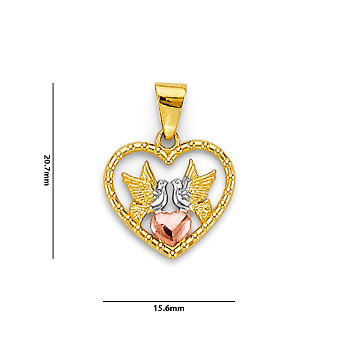 Tri Tone Gold Doves Open Heart Pendant  with Measurement