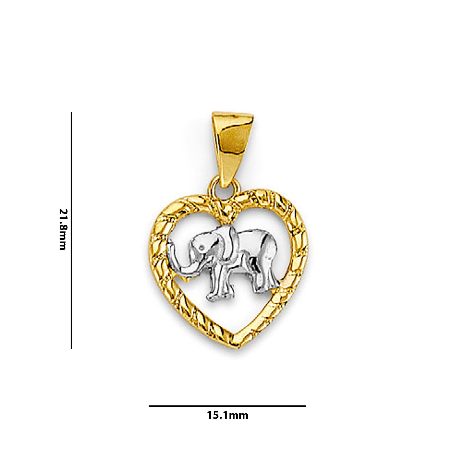 Two Tone Gold Rope Textured Open Heart Elephant Charm Pendant with Measurement